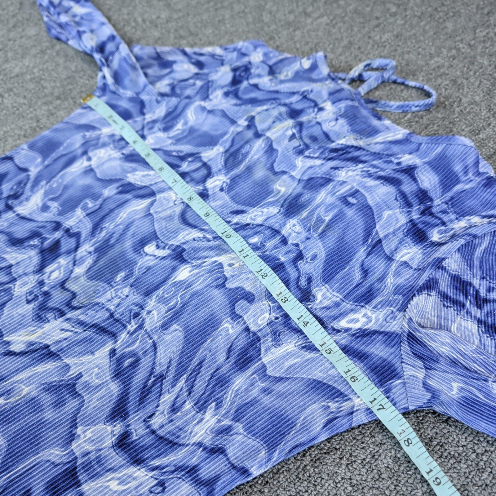 Rave Girl Vintage 90s Plissé Lace Up Top Women L Blue Marble Water Print Y2K