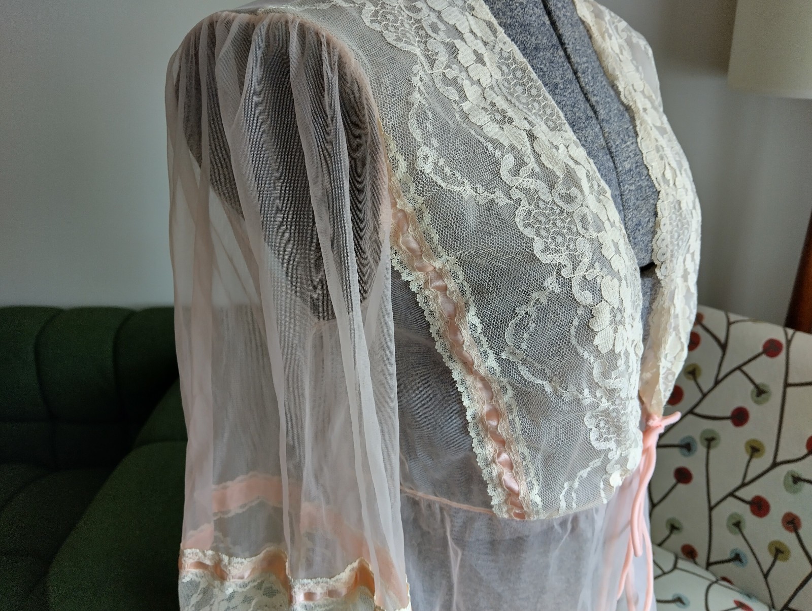 Vintage 1960s Sheer Pink Nylon Robe – Lace & Satin Ribbon – Size Small
