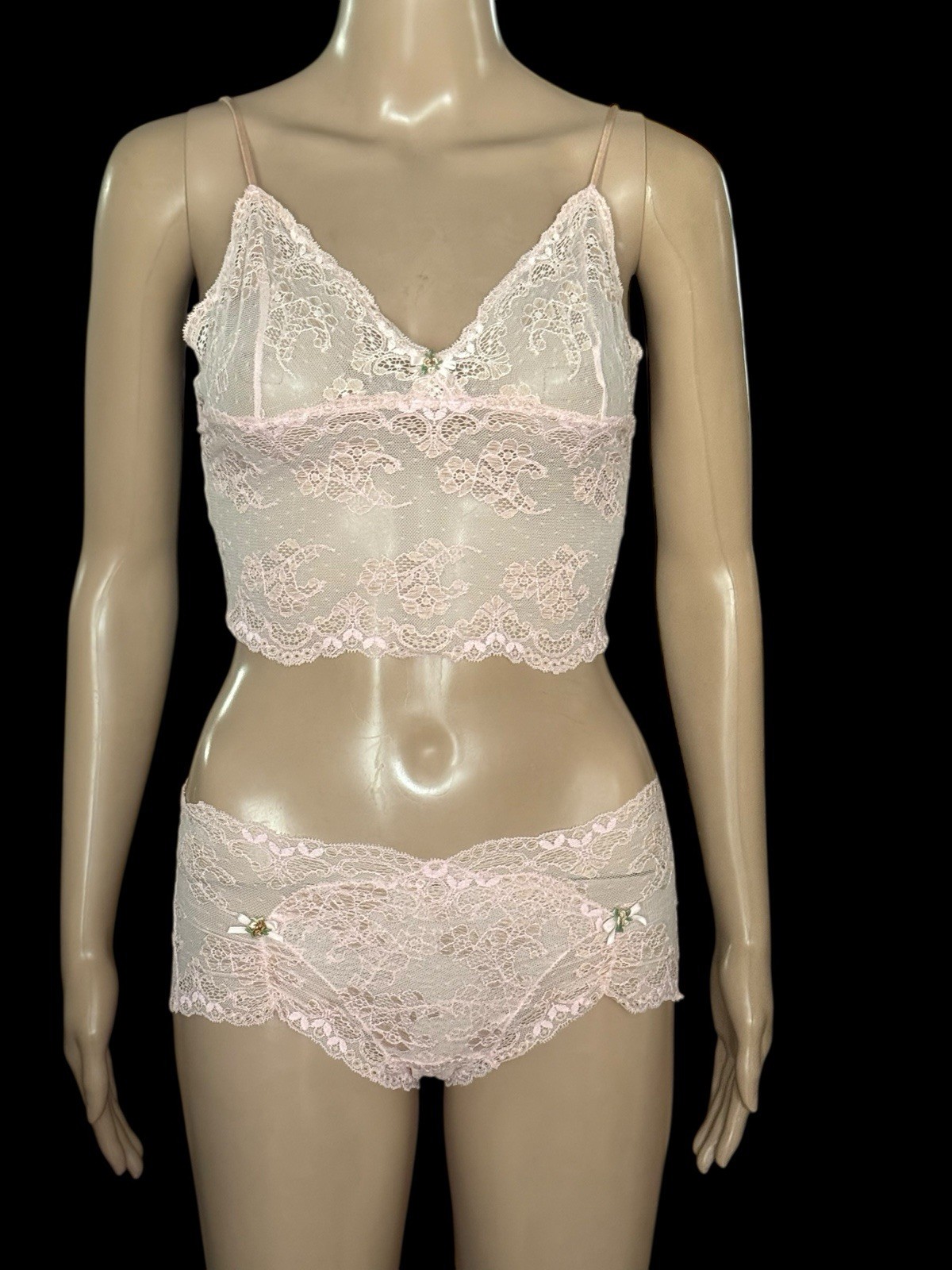 Victoria’s Secret Pink Victorian Sheer Lace Flowers Cami Panty Set Sz Small VTG