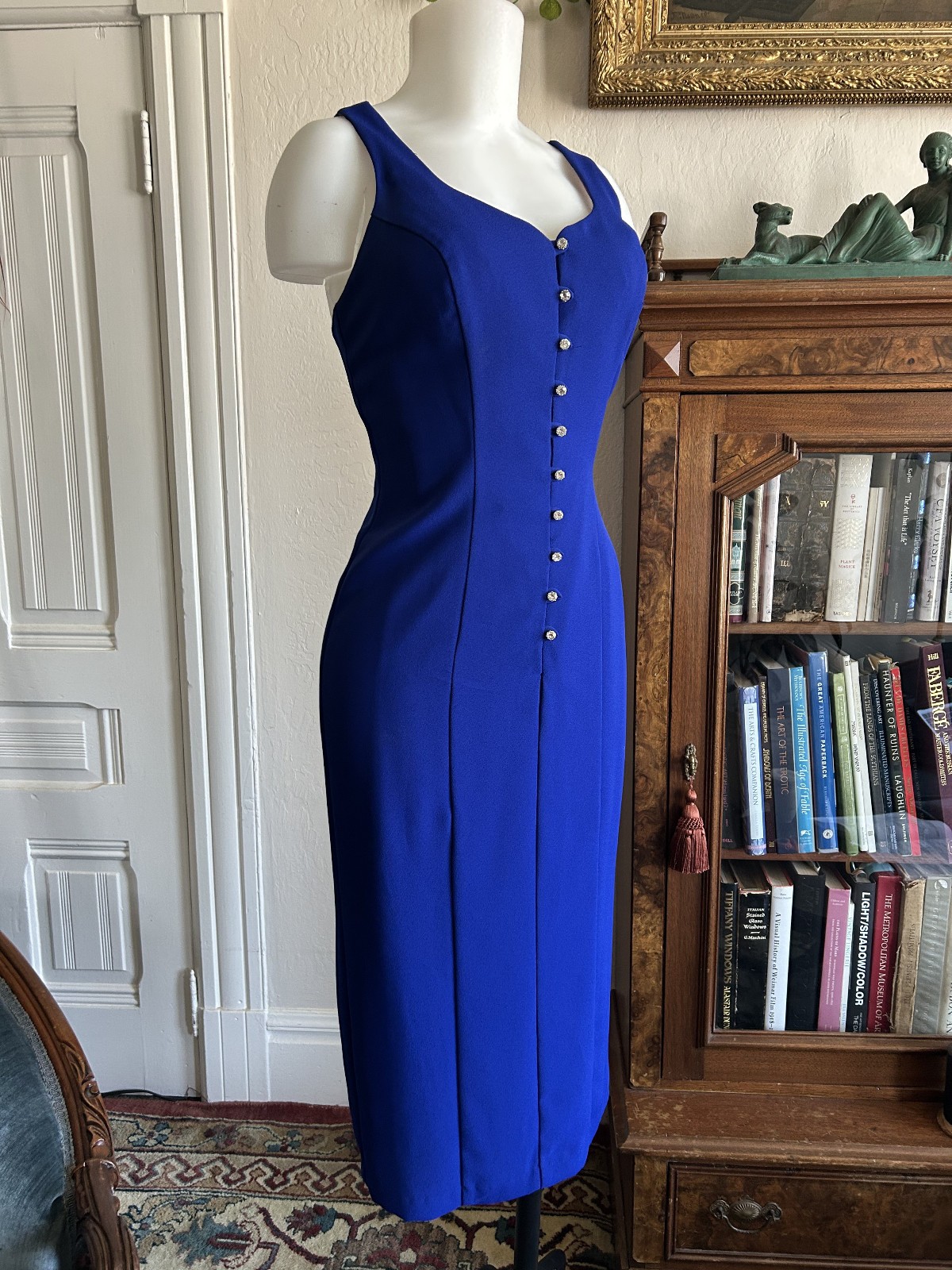 Vintage 1990s CDC Petite Blue Button Up Strappy Midi Wiggle Dress Sweetheart 6P