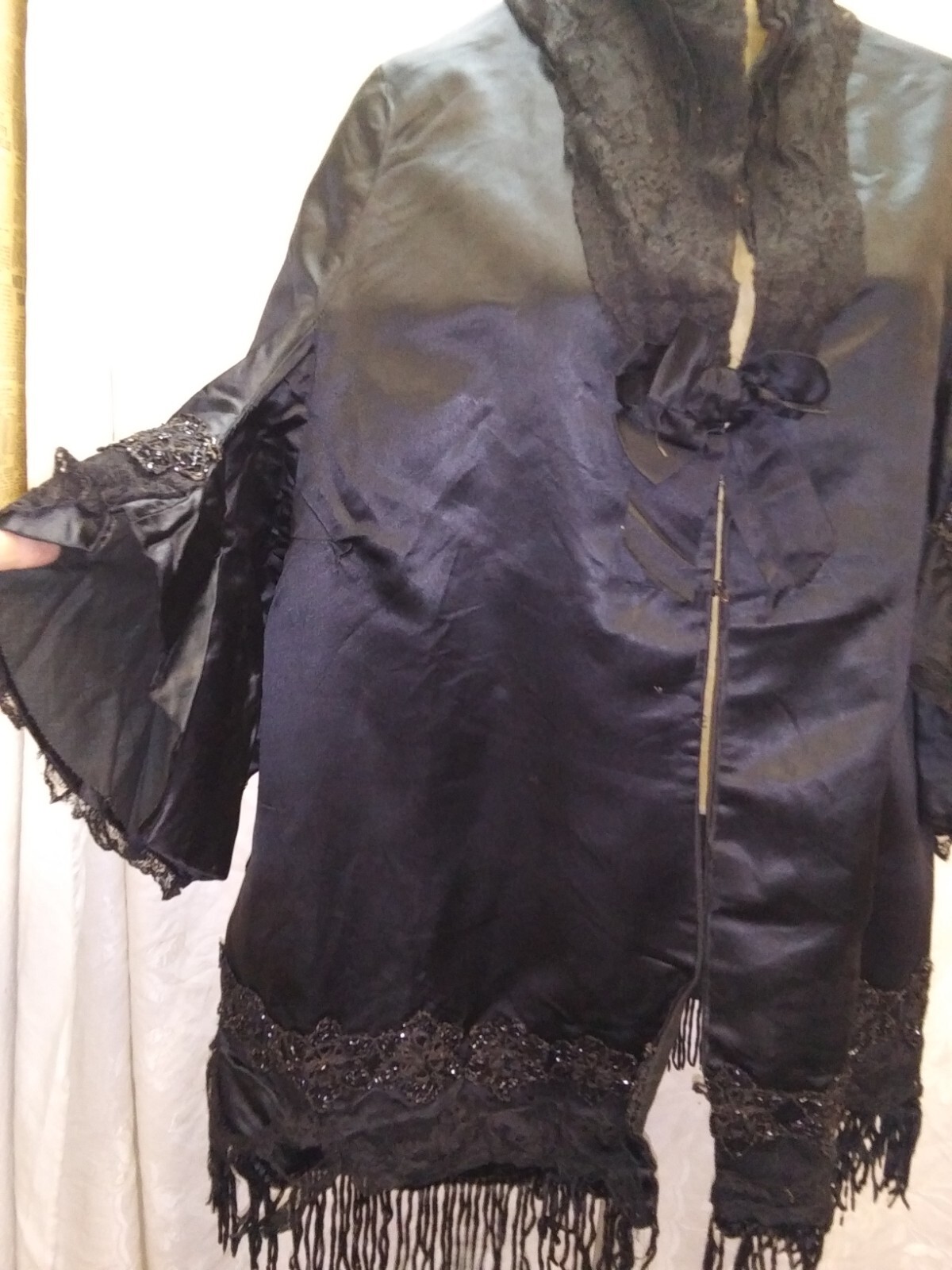 Vintage 1890’s 1900’s Black Satin Rayon Beaded Fringe Lace Coat Size M/L