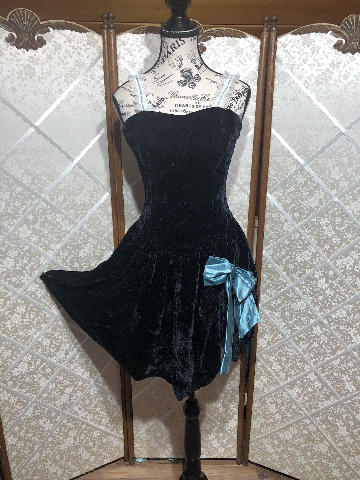 Katie MFG Black Velvet Bow Party Prom Dress 1980s Juniors XS Vintage Union