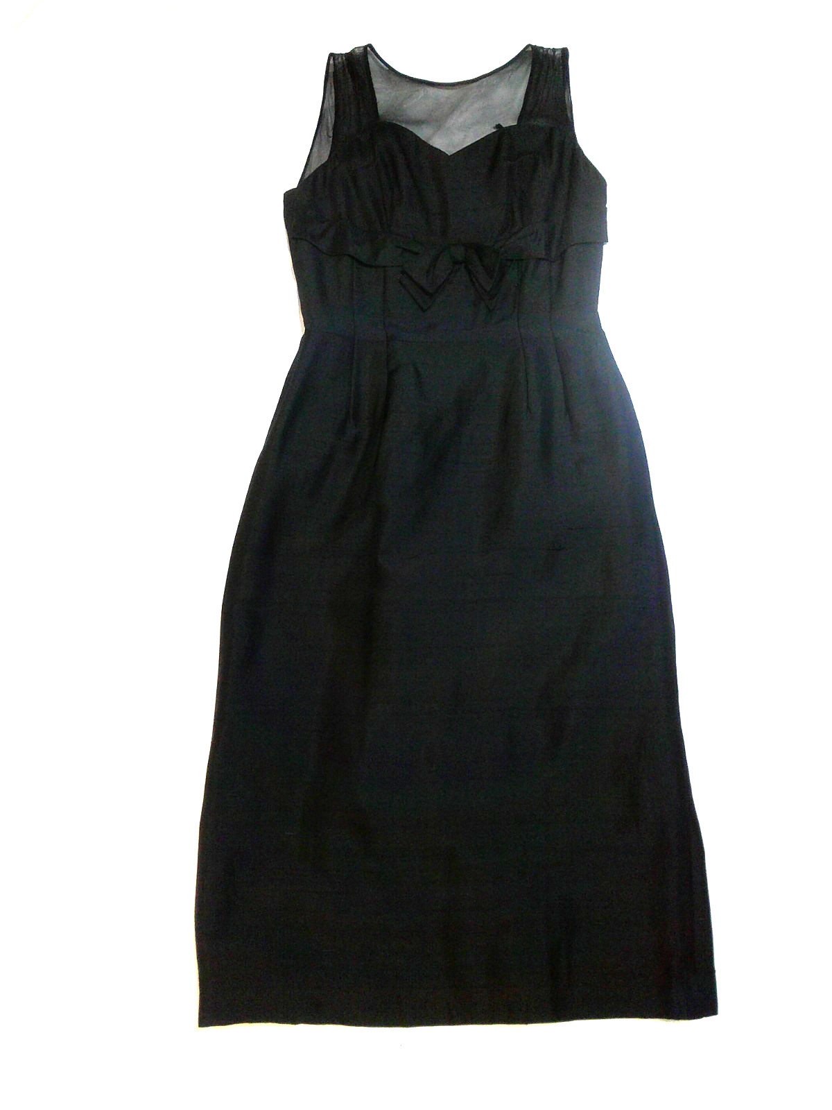 Vtg 50’s Black Raw Silk Illusion Wiggle Hourglass Pin Up Dress MINT 36-28-38