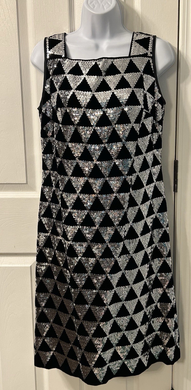 60s MOD Vintage Fredericks Black Silver Sequin Dress Party Gown Geometric Retro