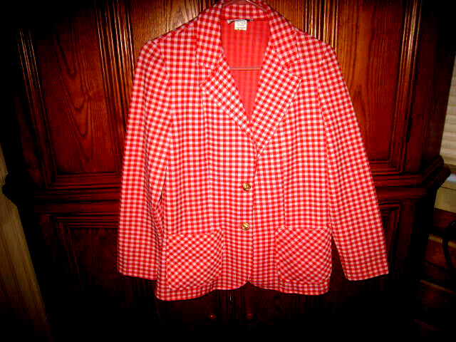 FIRE ISLAND 60’s 1970’s RED CHECK Vintage Plaid Blazer Polyester Jacket Sz 11-12