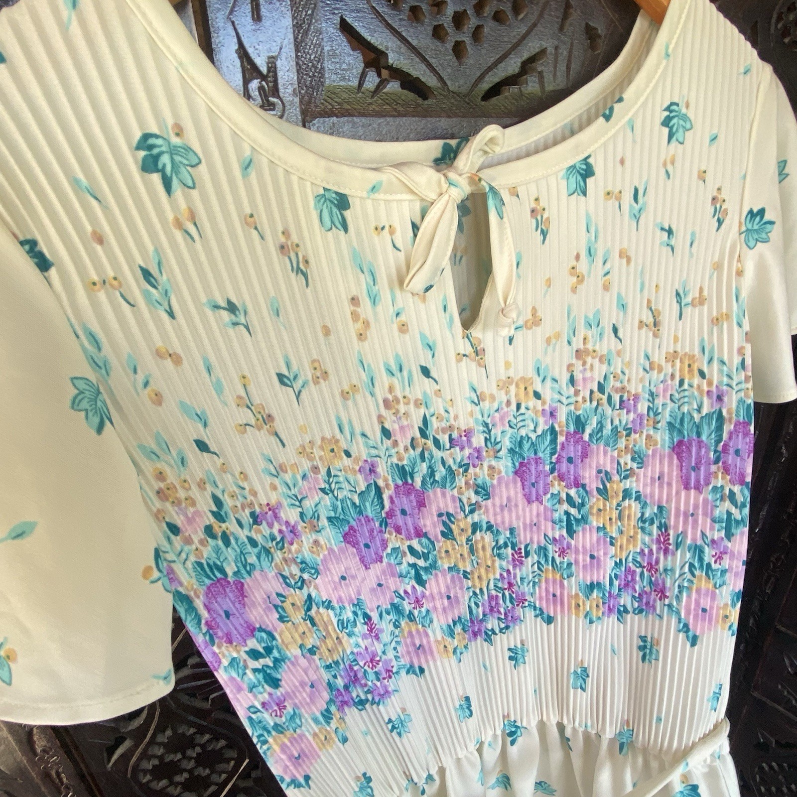 VTG Handmade Floral Leaf Pleated Dress Womens S/M Pastel Cottagecore Prairie S/S