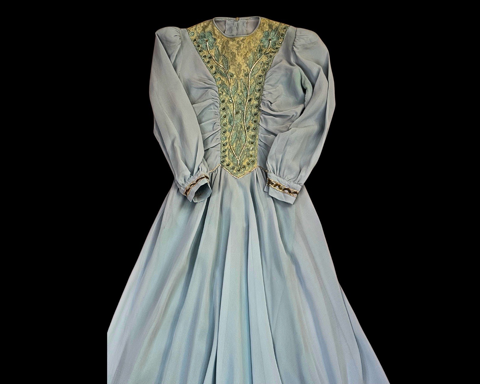 1940s Soft Blue Rayon Crepe and Lace Sequin embellished Strong Shoulder | XXS