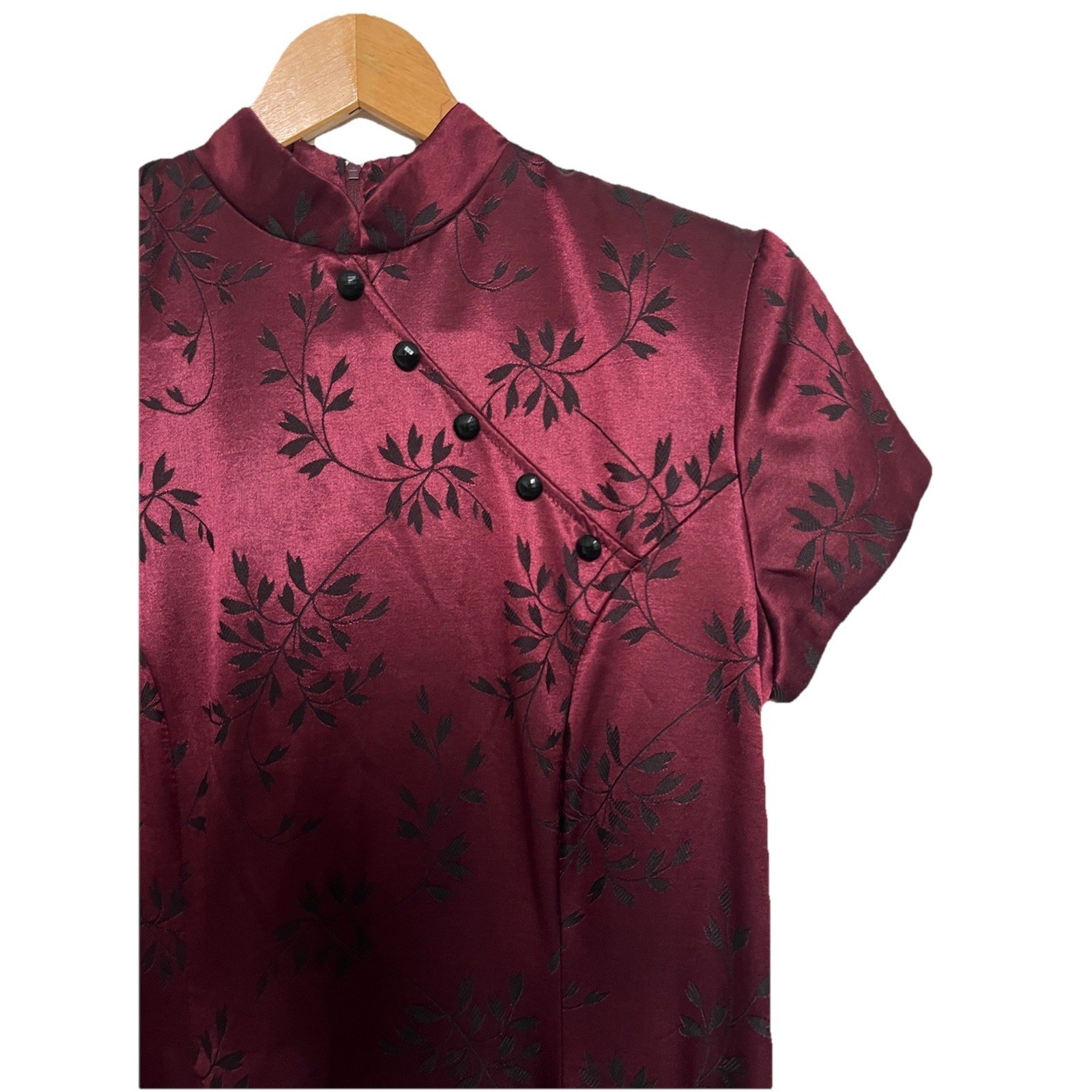 Vintage 90s Dawn Joy Satin Cheongsam Maxi Dress Burgundy Floral Goth Y2K 7/8