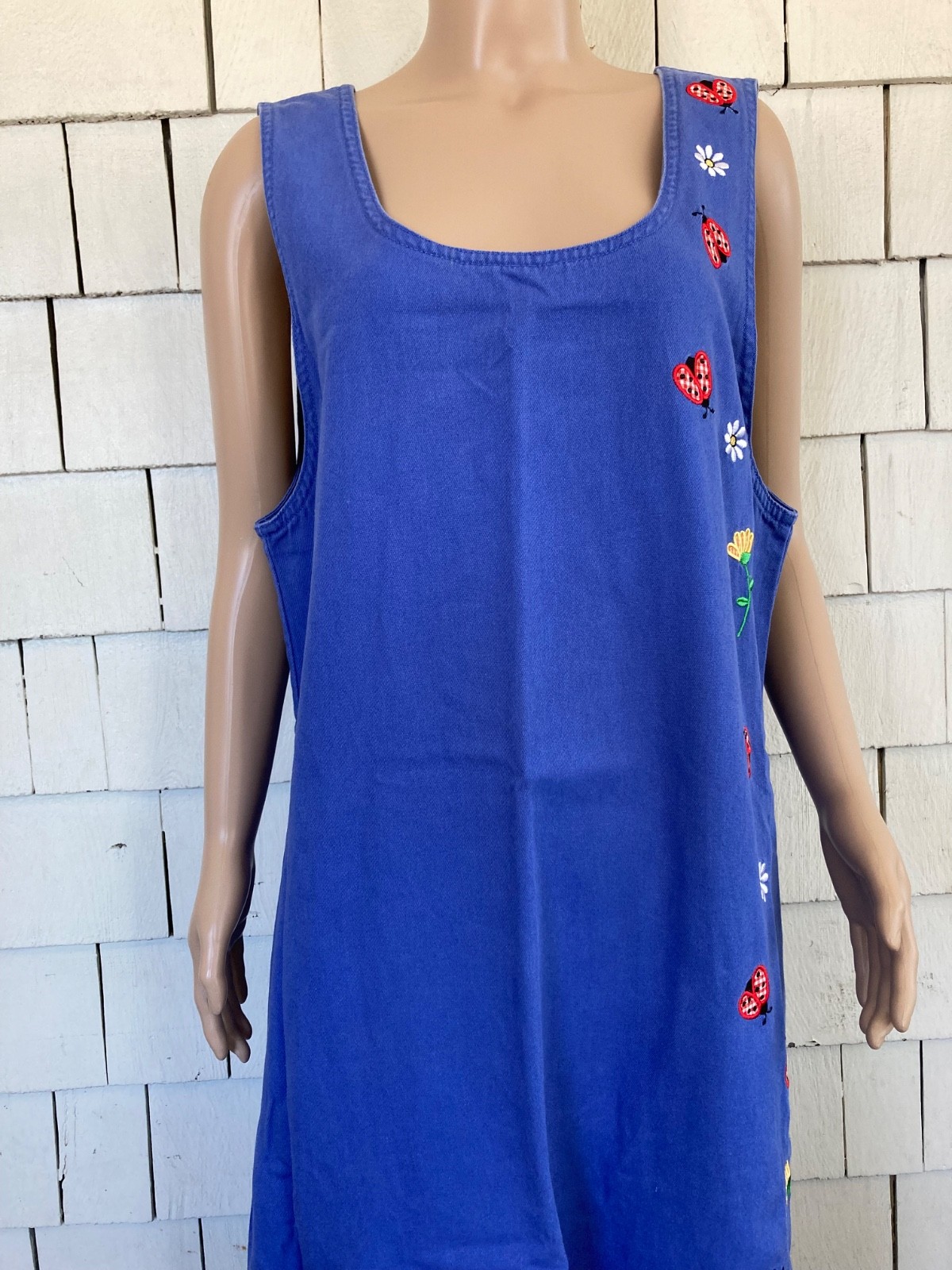 Vintage Boho Mandal Bay Maxi Dress with Embroidered Flowers Ladybugs Size Large