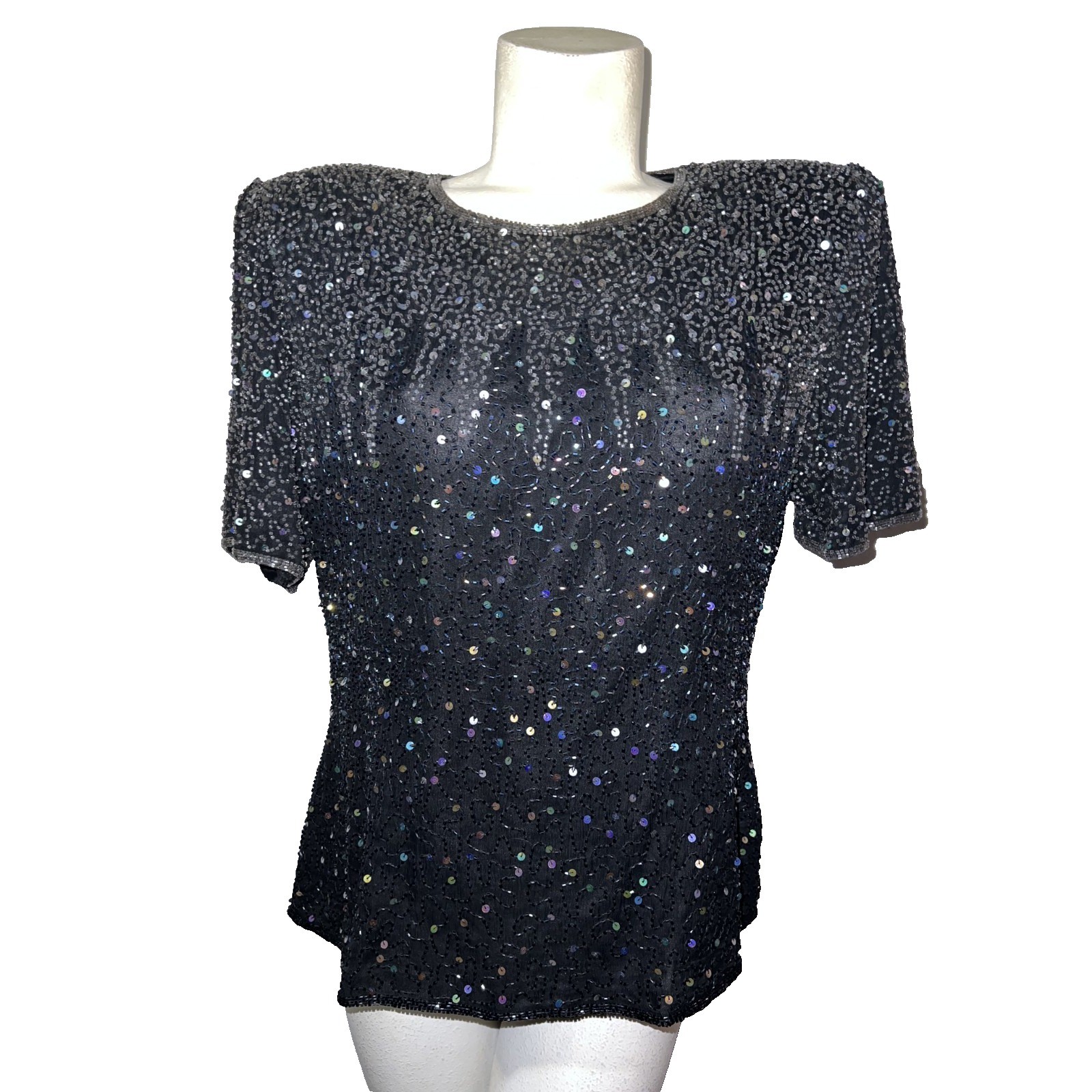 Stenay Vintage Black Beaded Sequin Evening Top Short Sleeve XL Shoulder Pads