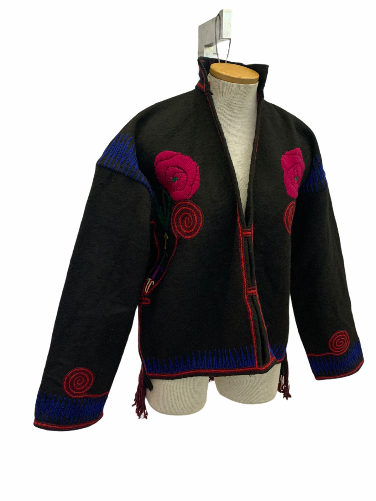 Vintage VTG 1960s 1970s Wool Black Floral Embroidered Jacket Coat