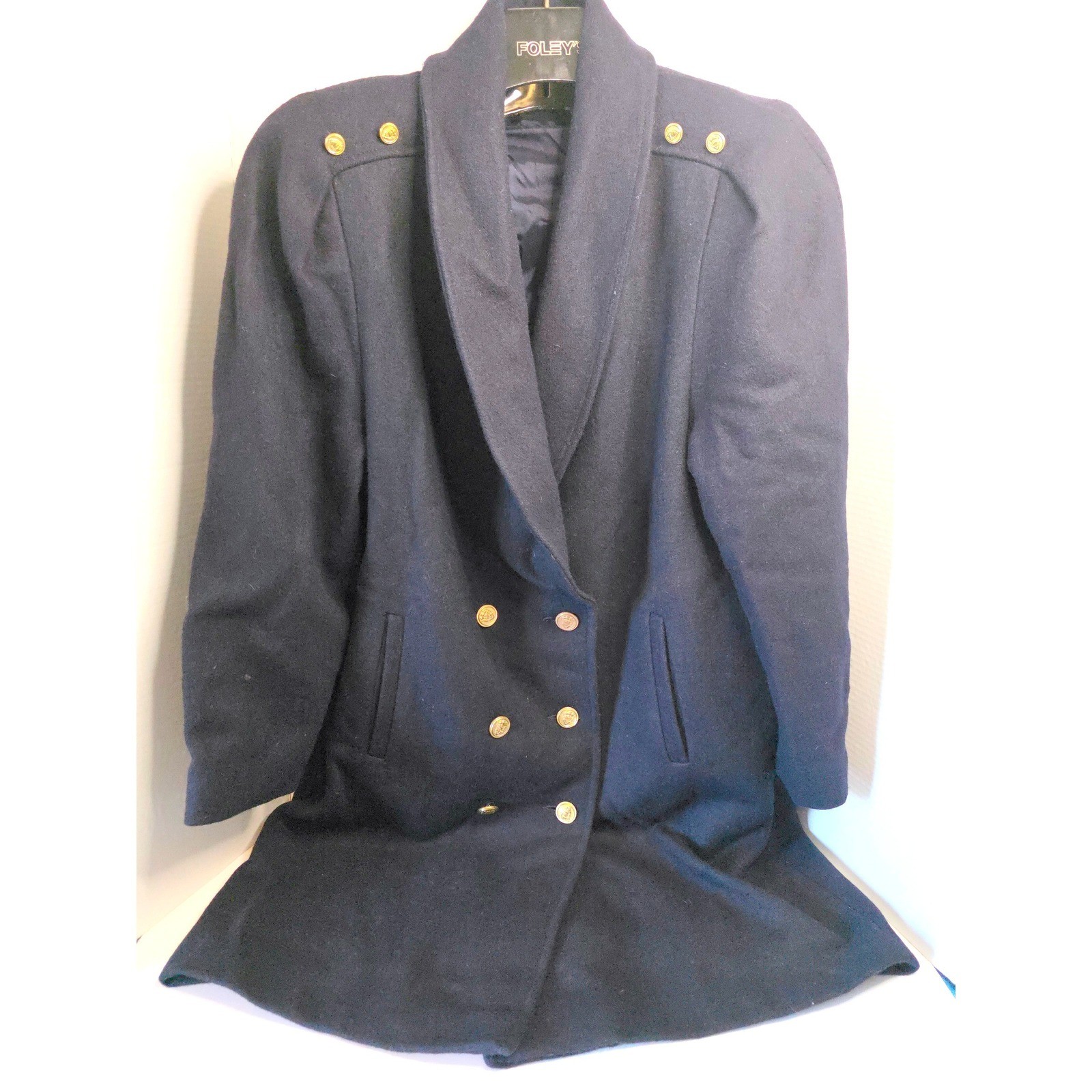 VTG JoFeld Andover Navy Wool Double Breasted Pea Coat Gold Crest Button L/XL?