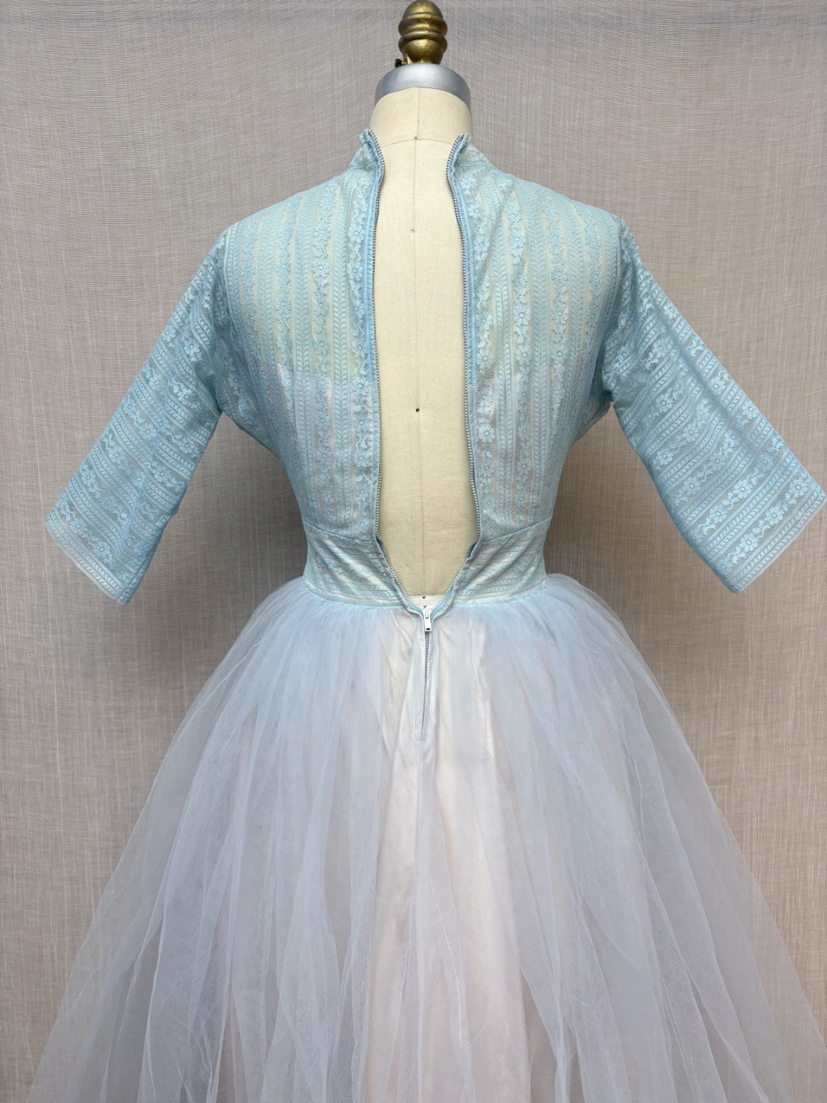 Vintage 1950s Lace Tulle Illusion Dress Wedding Bridesmaid Modest Princess XXS