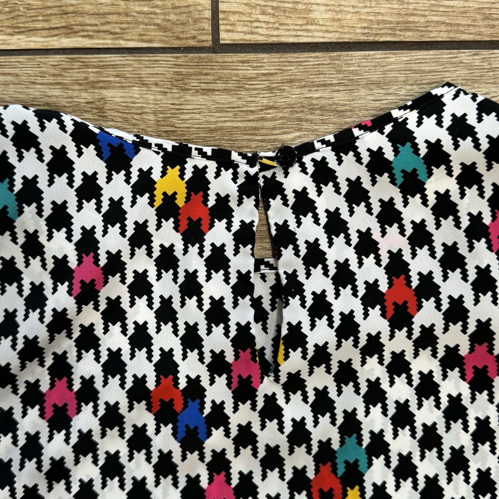 Vintage Houndstooth Colorful Blouse Shirt Top Penbrooke Lane 80’s Keyhole Large