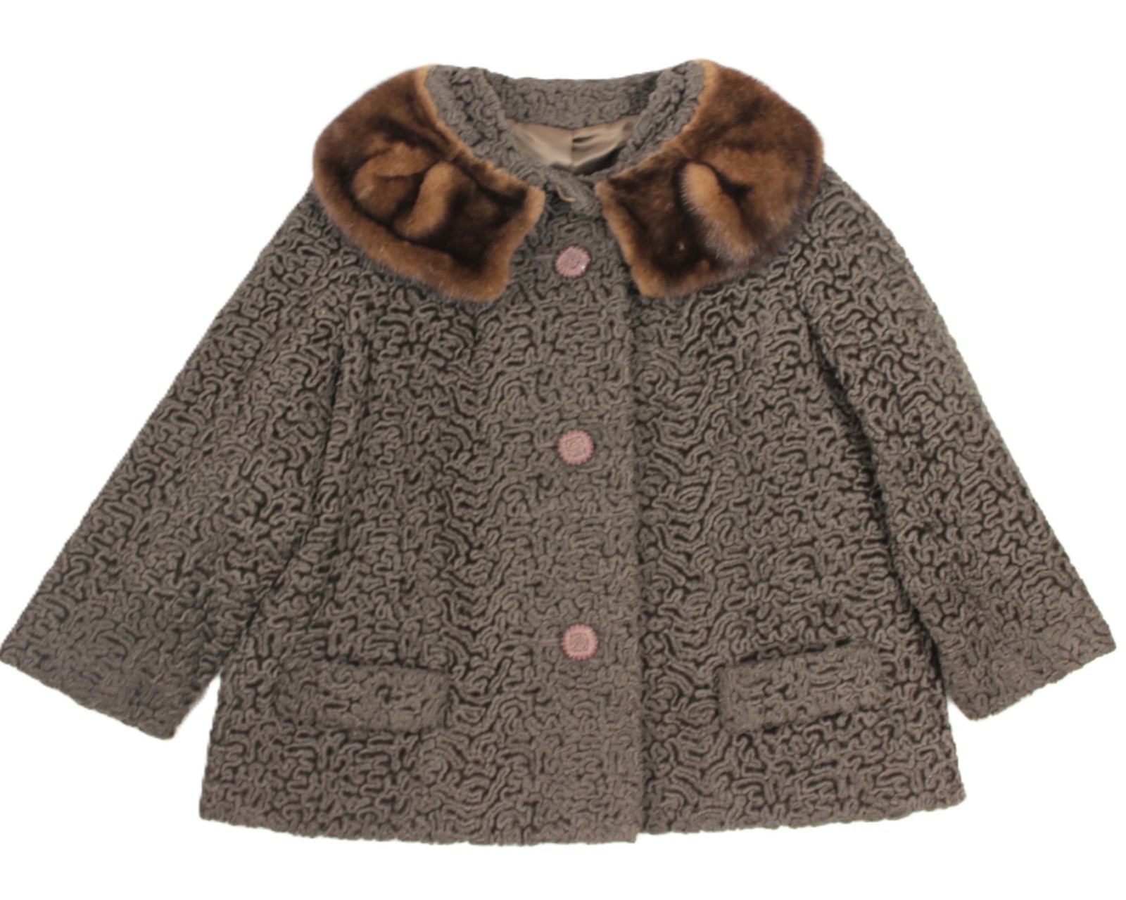 Vtg 50s Sportowne Astrakin Faux Curly Lamb Swing Coat Real Mink Collar Sz M