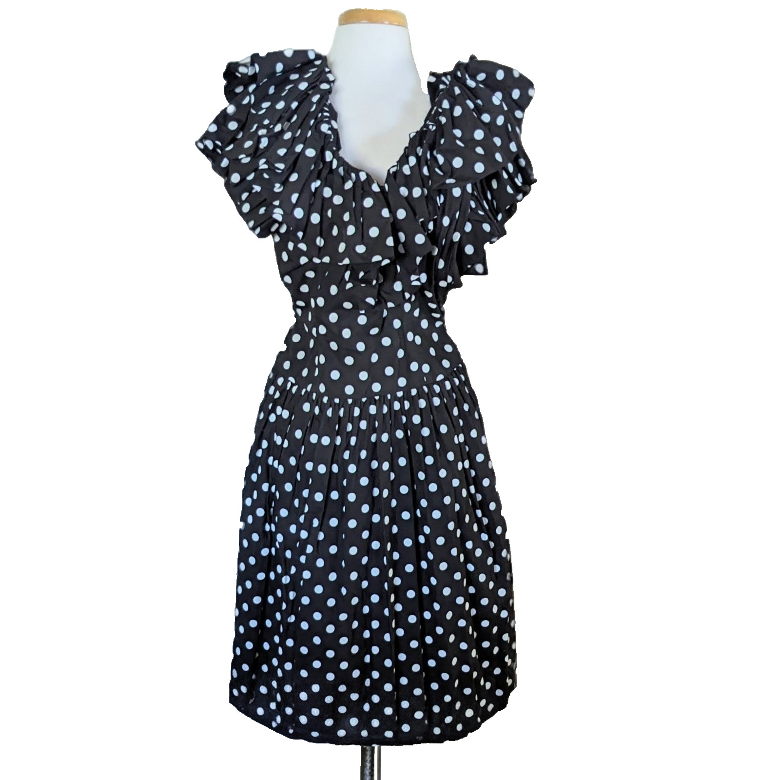 Vintage 1980s Morton Myles Polka Dot Party Dress Black White Drop Waist Size 10