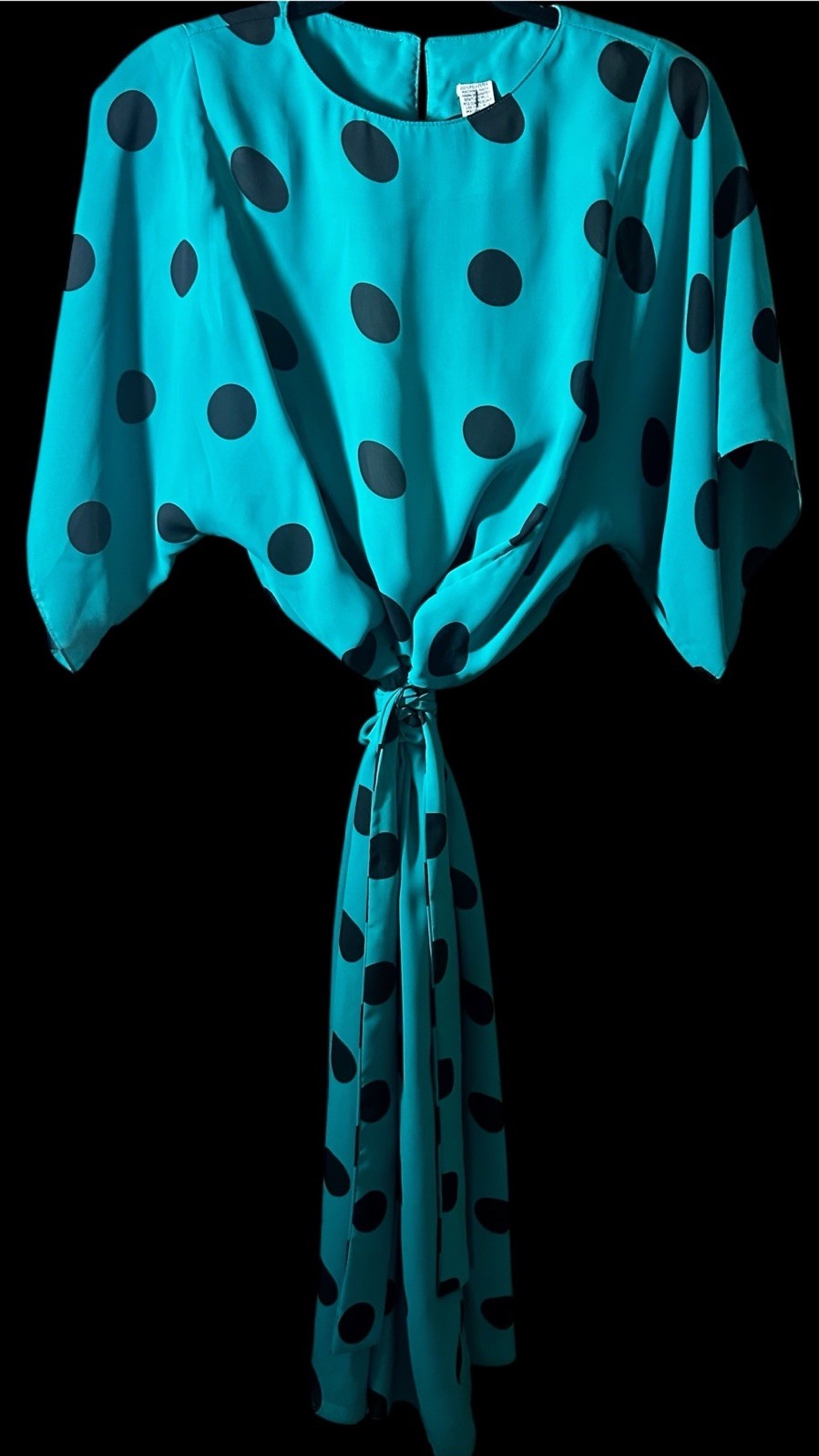 Vintage Silky Black Polka Dot Teal Blouson Belted Midi Dress Totally 80s Size 8