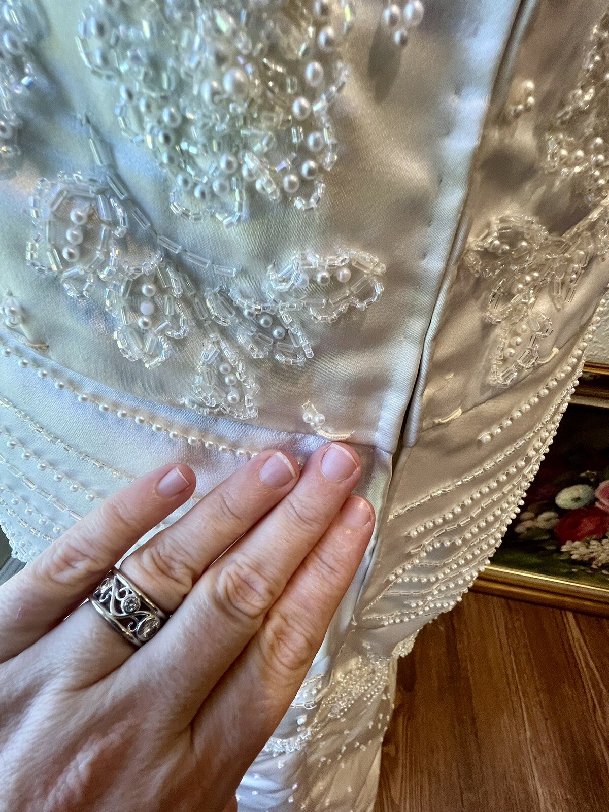1980s Carlota Alfaro Handmade Beaded Wedding Dress Vintage Ivory Off White