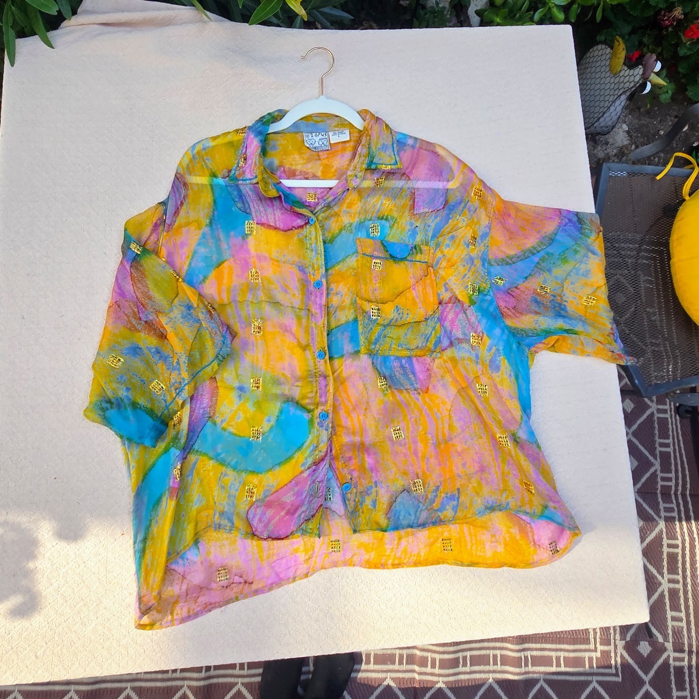 Vintage 90s 2 Of Us Sheer Rayon Abstract Blouse with Gold Accents -Size L