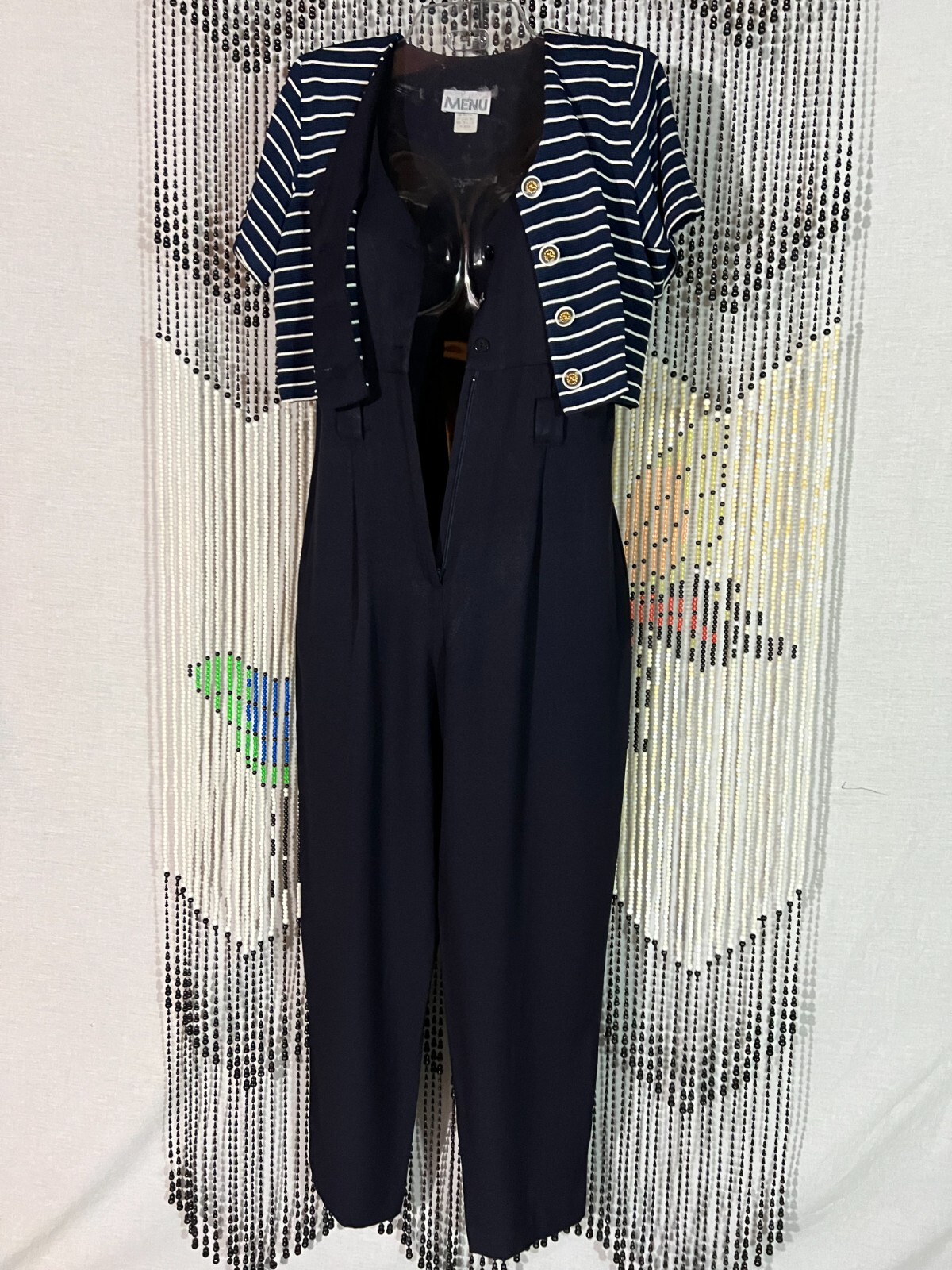VTG 80s MENU Jumpsuit Navy Blue Attached White Striped Cropped Jacket Disco SZ 6