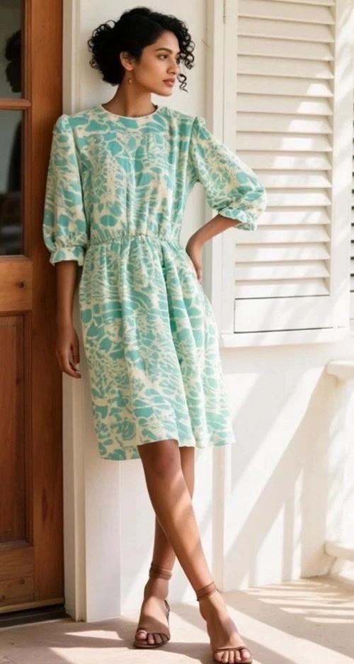 Vintage Dress Turquoise White Abstract Long Sleeve Midi Size 10 Cottage Core 80s