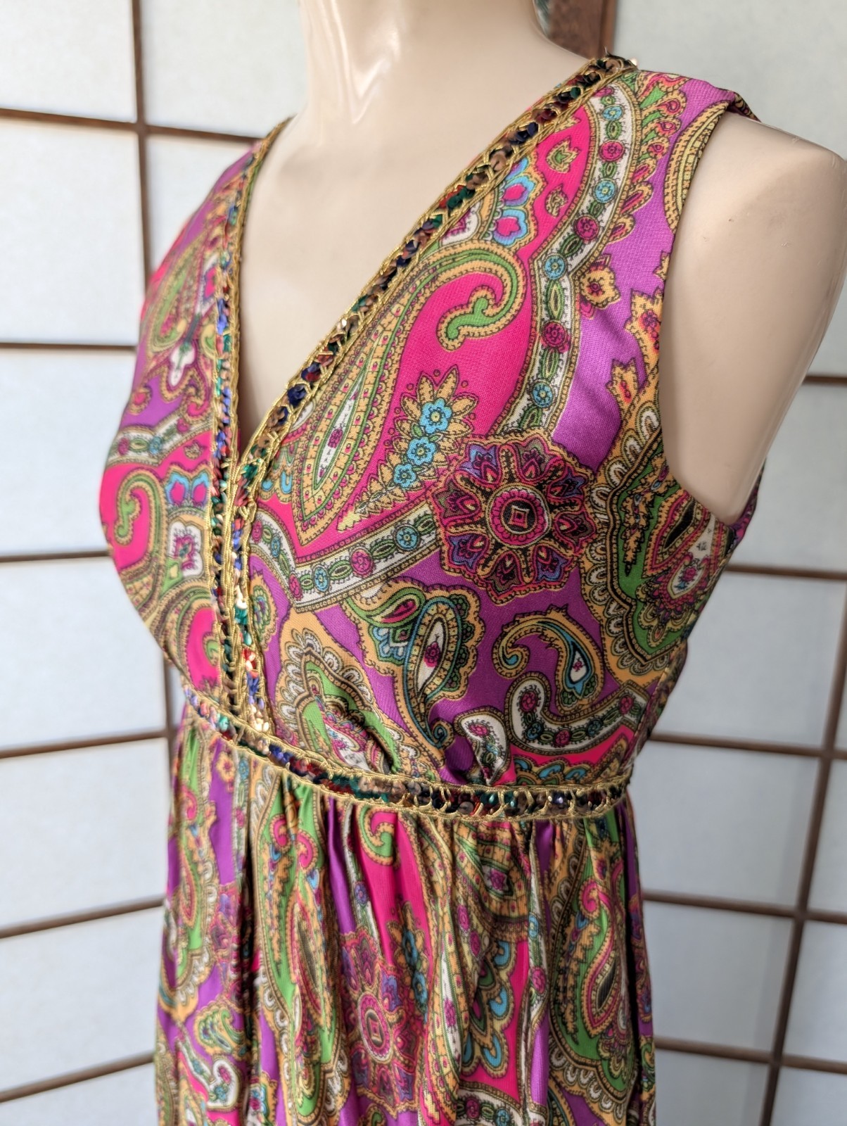 Vintage Vibrant Neon Paisley Jumpsuit Palazo Legs Sequins Psychedelic 1960s Smal
