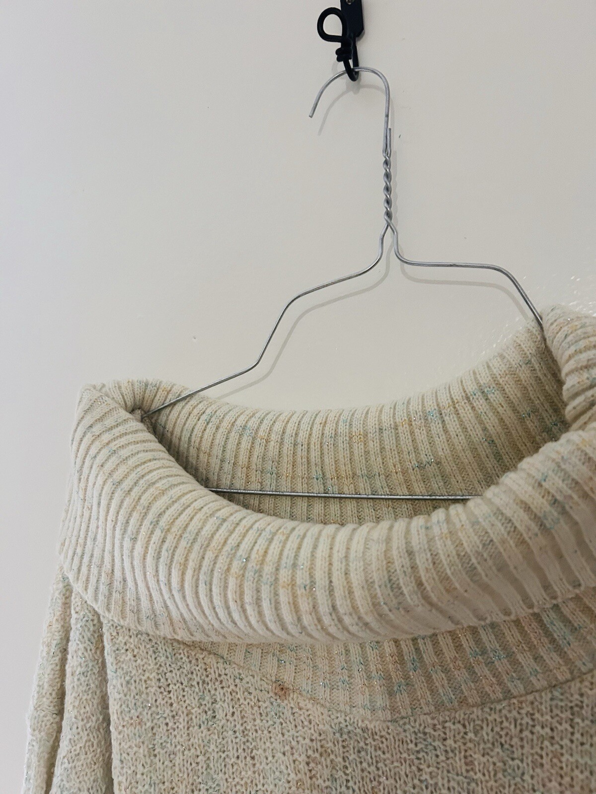 Vintage Helen Sue Off White Tinsel Knit Cowl Neck Oversized Sweater Tunic S/M