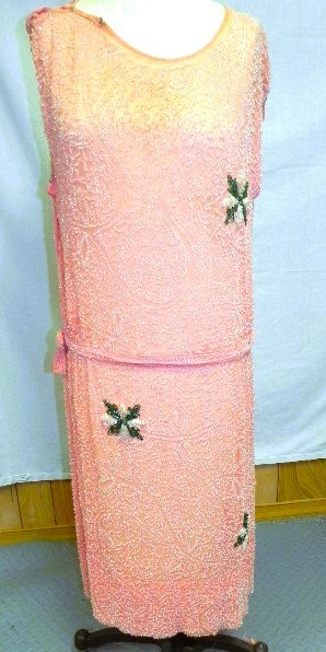 Vintage Authentic 1920s Peach Chiffon Flapper Dress Clear Glass Beads Small