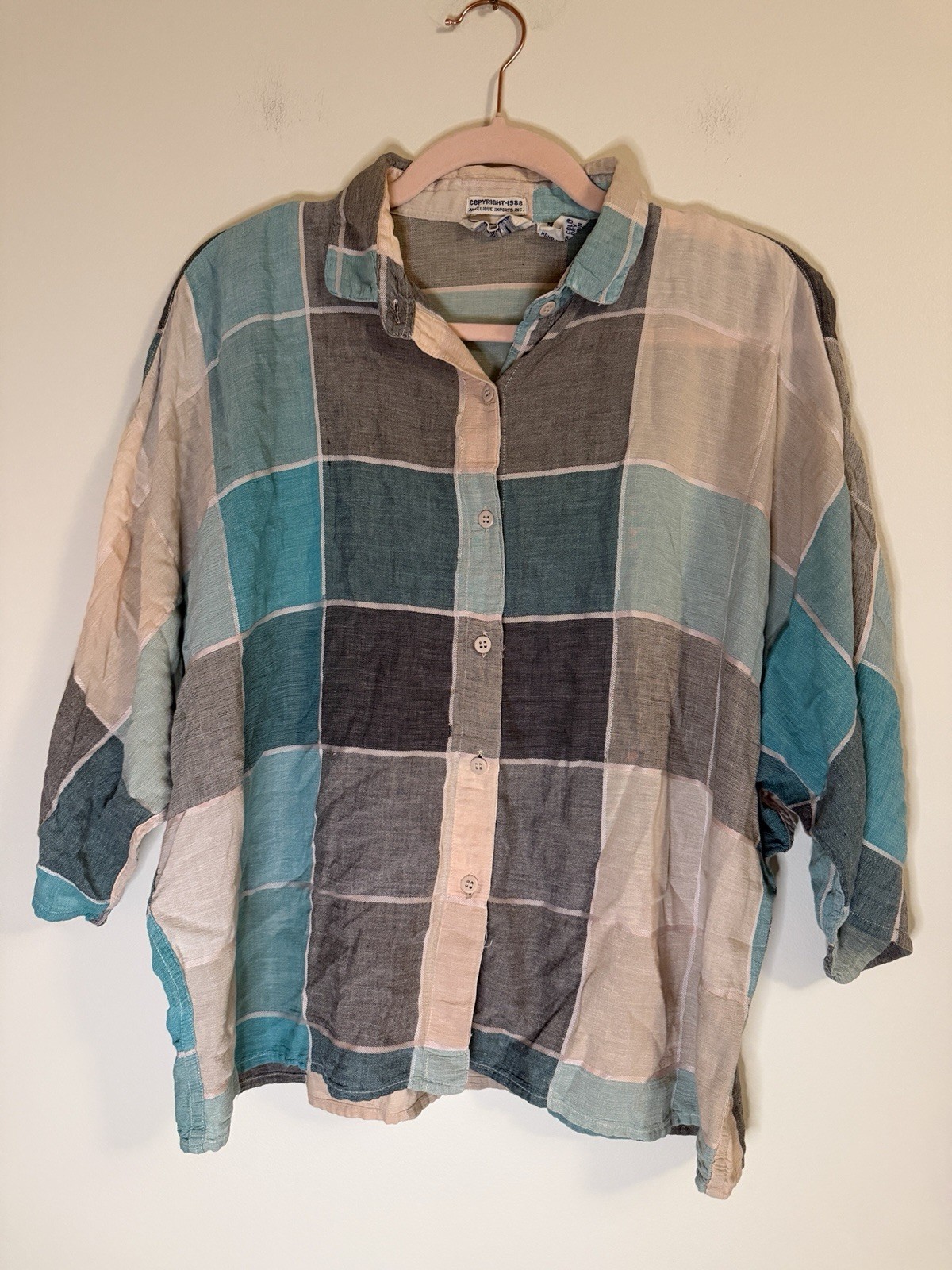 Vintage 1988 Angelique Imports Cotton Colorblock Plaid Gauze Shirt