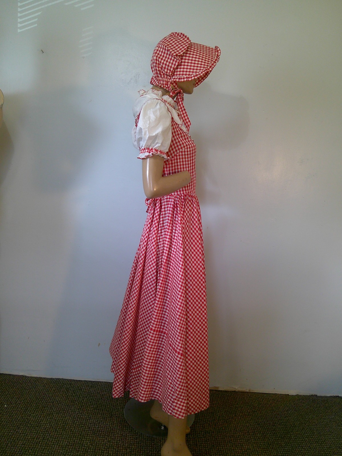 Vtg 70s Red/White Gingham Prairie Cottagecore 160″ Full Sweep Maxi Dress & Hat M