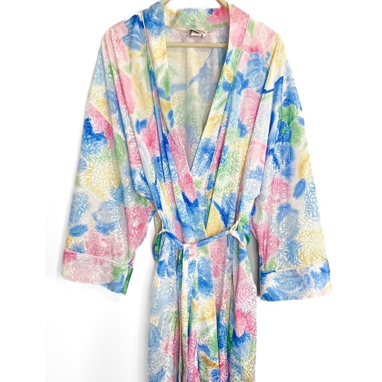 Vintage Womens Robe M Pastel Swiftie Floral Shimmer Watercolor Romantic Kimono