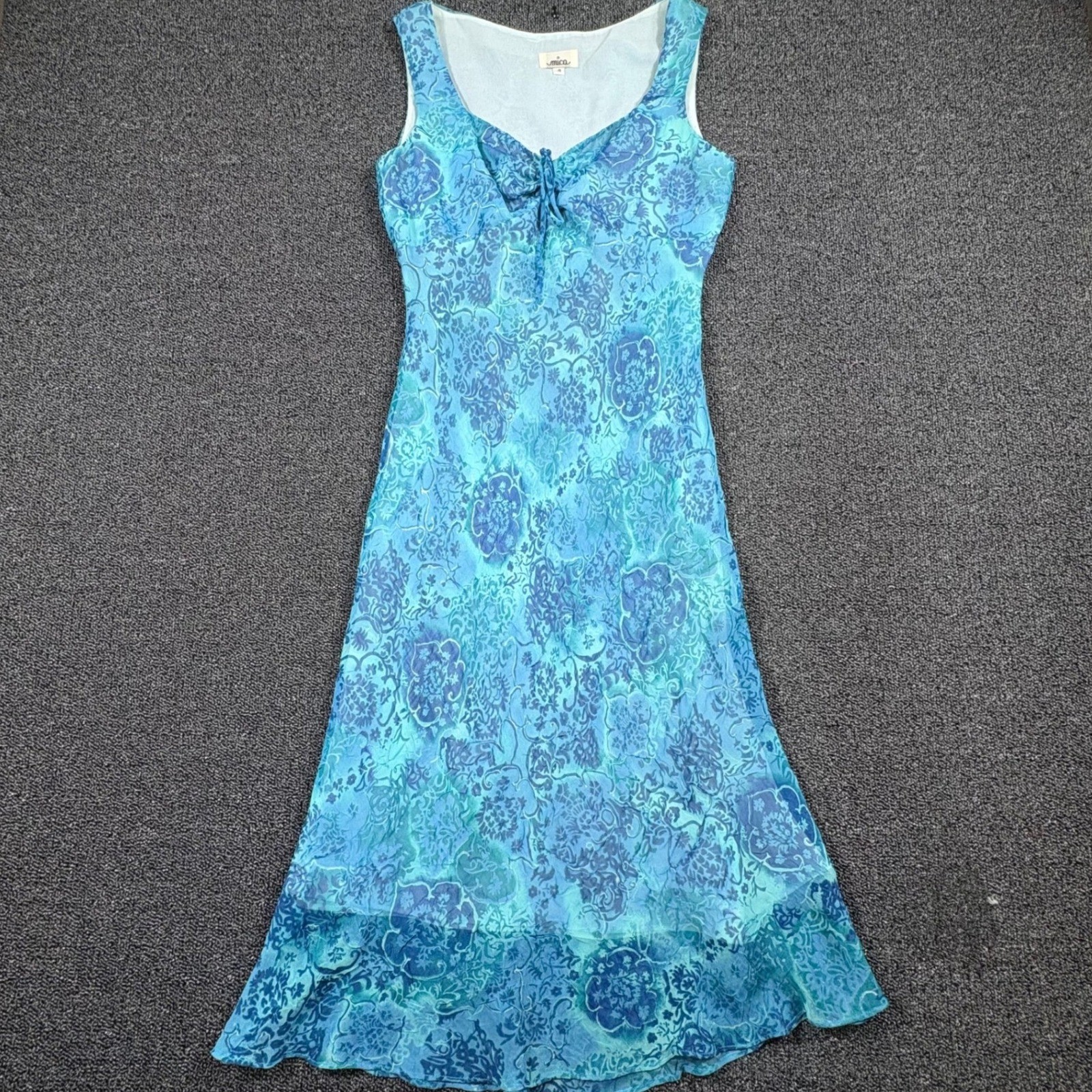 Vintage 90s Mica Damask Empire Waist Midi Dress Womens 4 Sleeveless Sweetheart