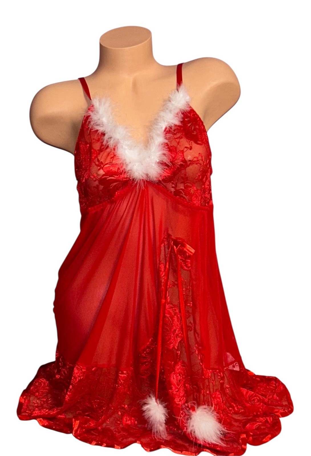 AVIDLOVE Red Silky Sheer Lace Shiny Satin White Fur Trim Nightie Nightgown 2XL