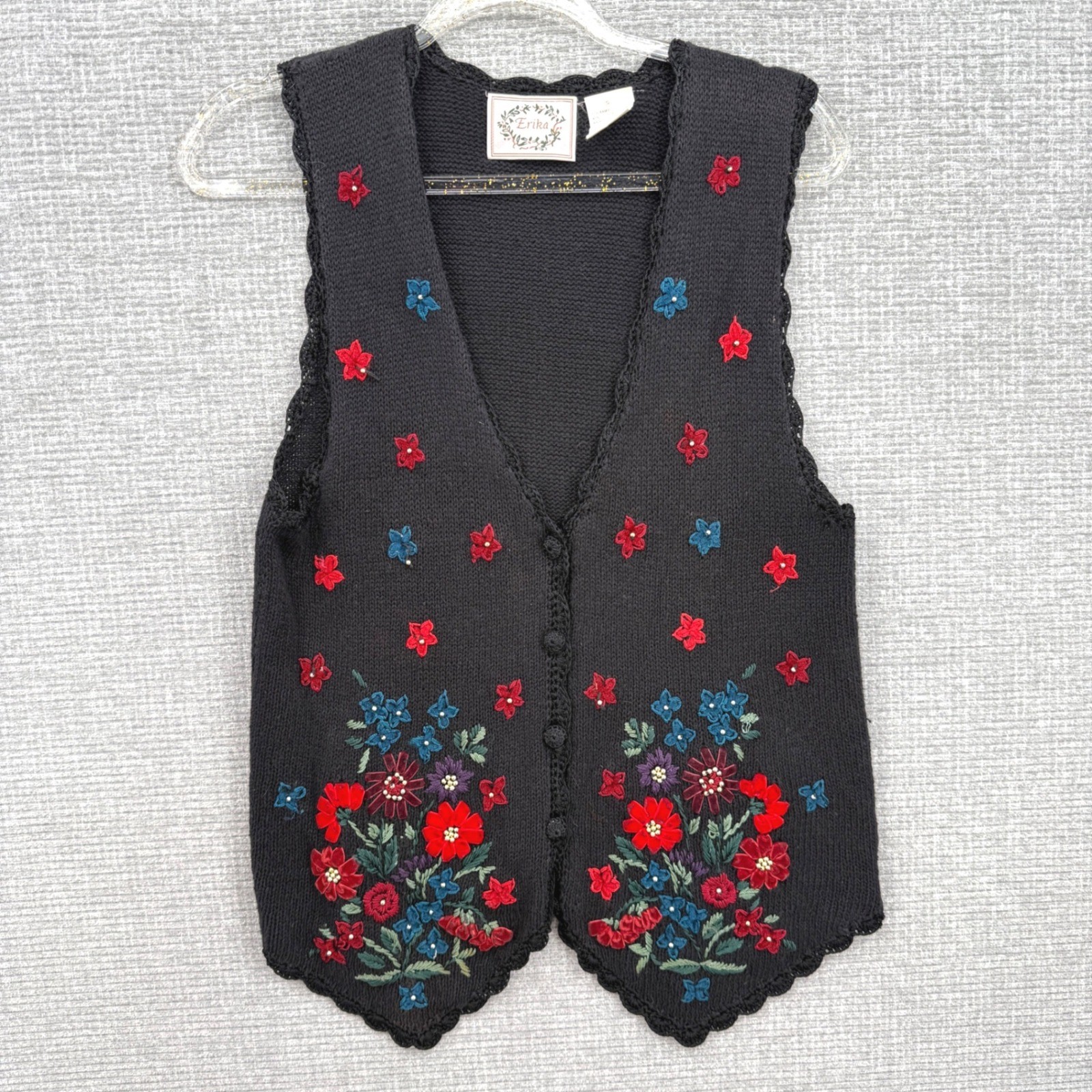 Erika Black Floral Embroidered Button Front Knit Vest Women’s S Ramie Cotton