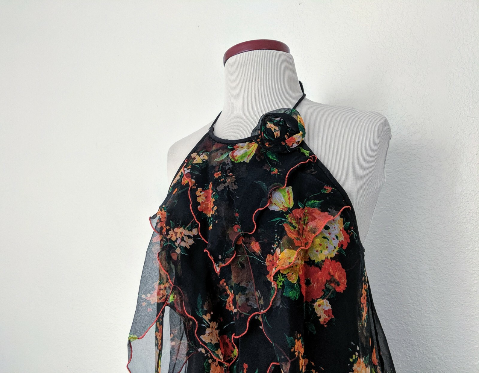 Vintage 70s Black Floral Maxi Dress, 1970s Boho Halter Top Long Jersey Dress