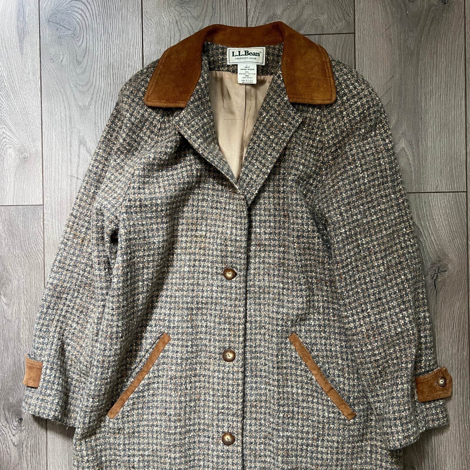 Vintage 1980s LL Bean Tweed Wool Trench Coat Brown Suede Womens Large