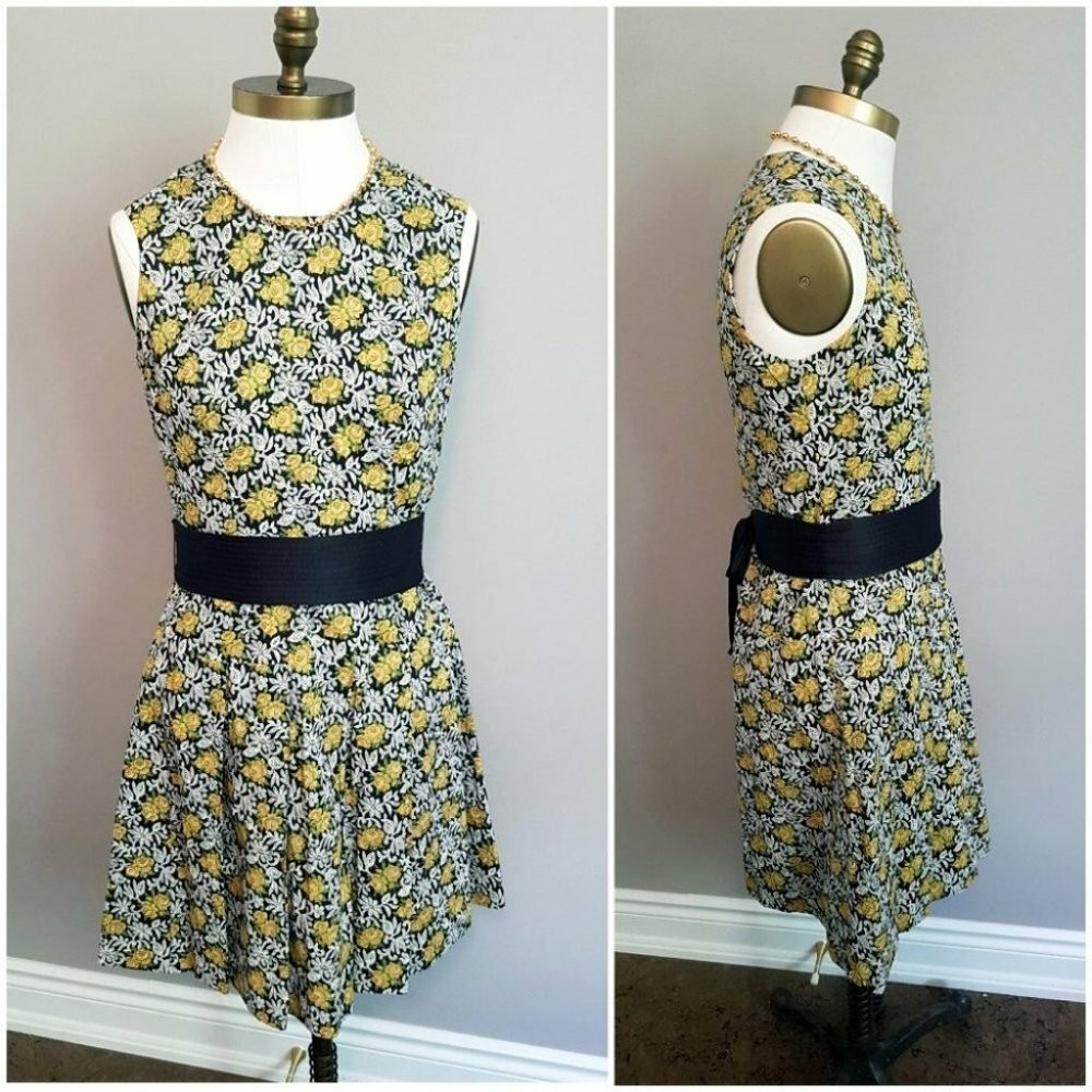 Vintage 60s Sleeveless Cotton Poplin Floral Embroidered Look Dress – Small