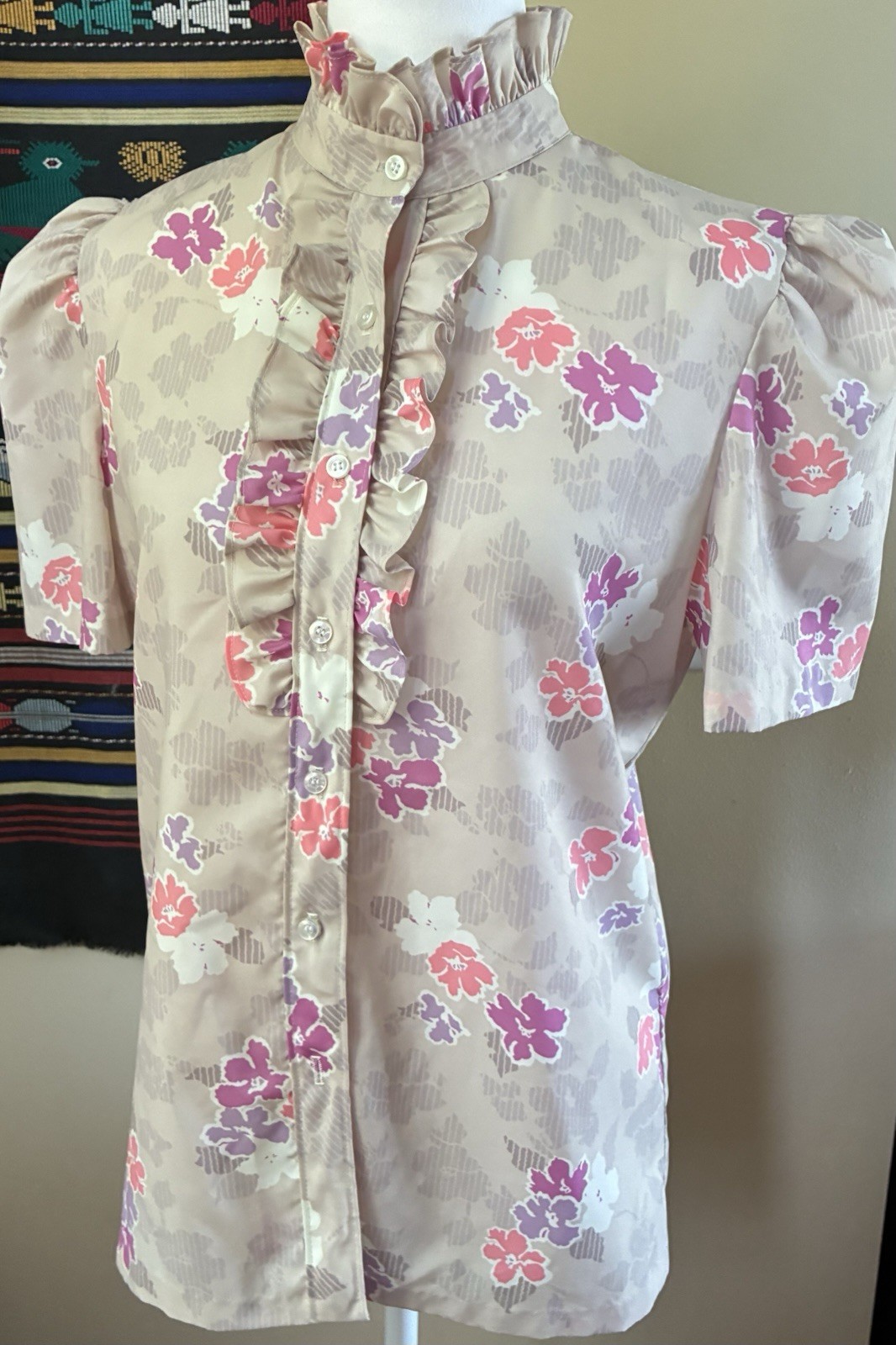 Vintage 80s Lucky Winner Ruffled High Neck Blouse Secretary Geek USA size M