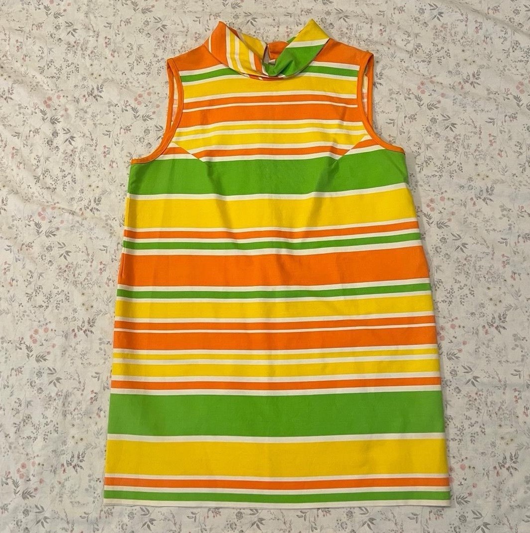 Vintage 60s Mod Dress Gogo Mini Striped Citrus Sherbet Funnel Neck Tent Shift
