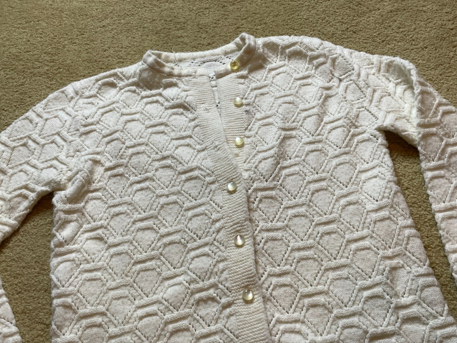 Vintage 60s 70s Ivory Acrylic Crochet Knit Granny Button Up Cardigan Sweater M