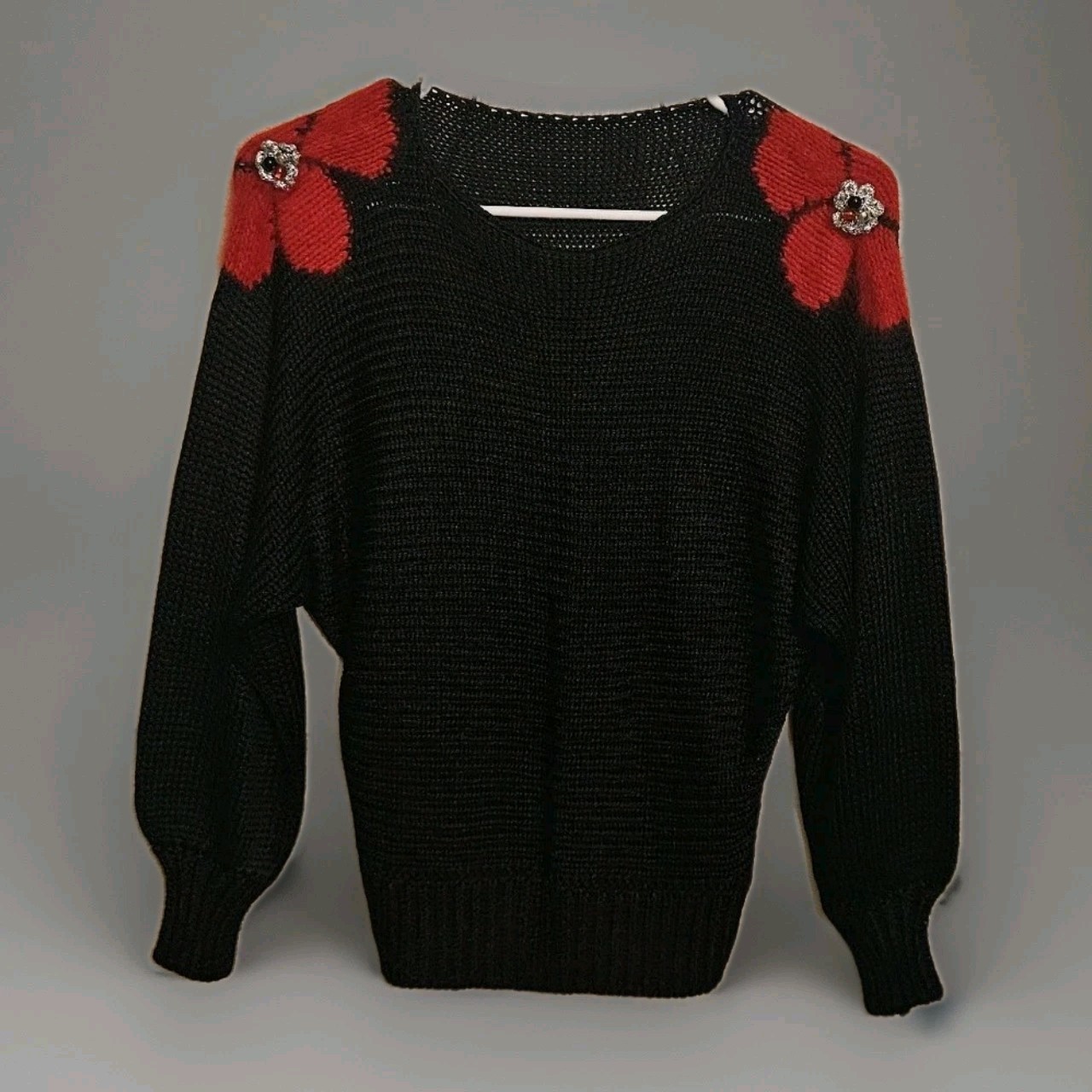 Vintage 80s Glam Red Black Angora Sweater S 3D Embellished New Wave Avant-garde