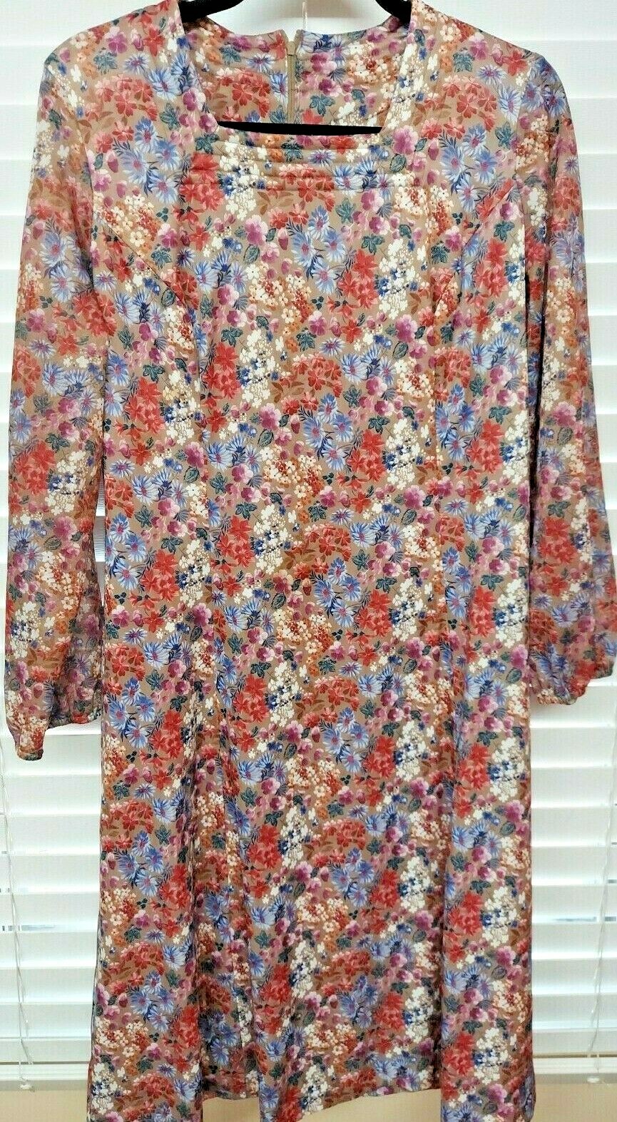 VTG Damon Dress 16.5 A line floral beige sheath square neck zip back USA made