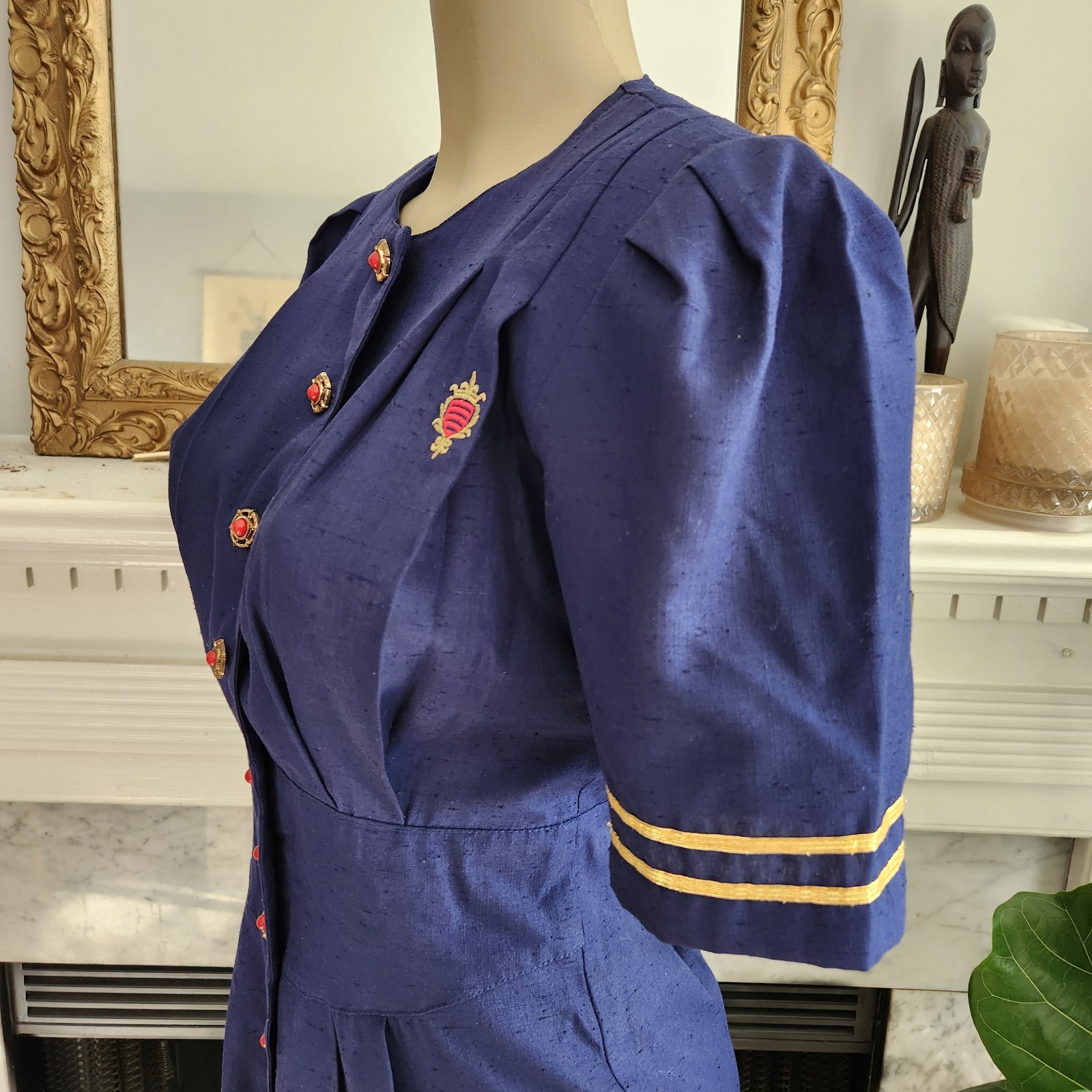 Vintage 80s Blue Midi Pencil Dress Military Nautical Office Pleated Size 6
