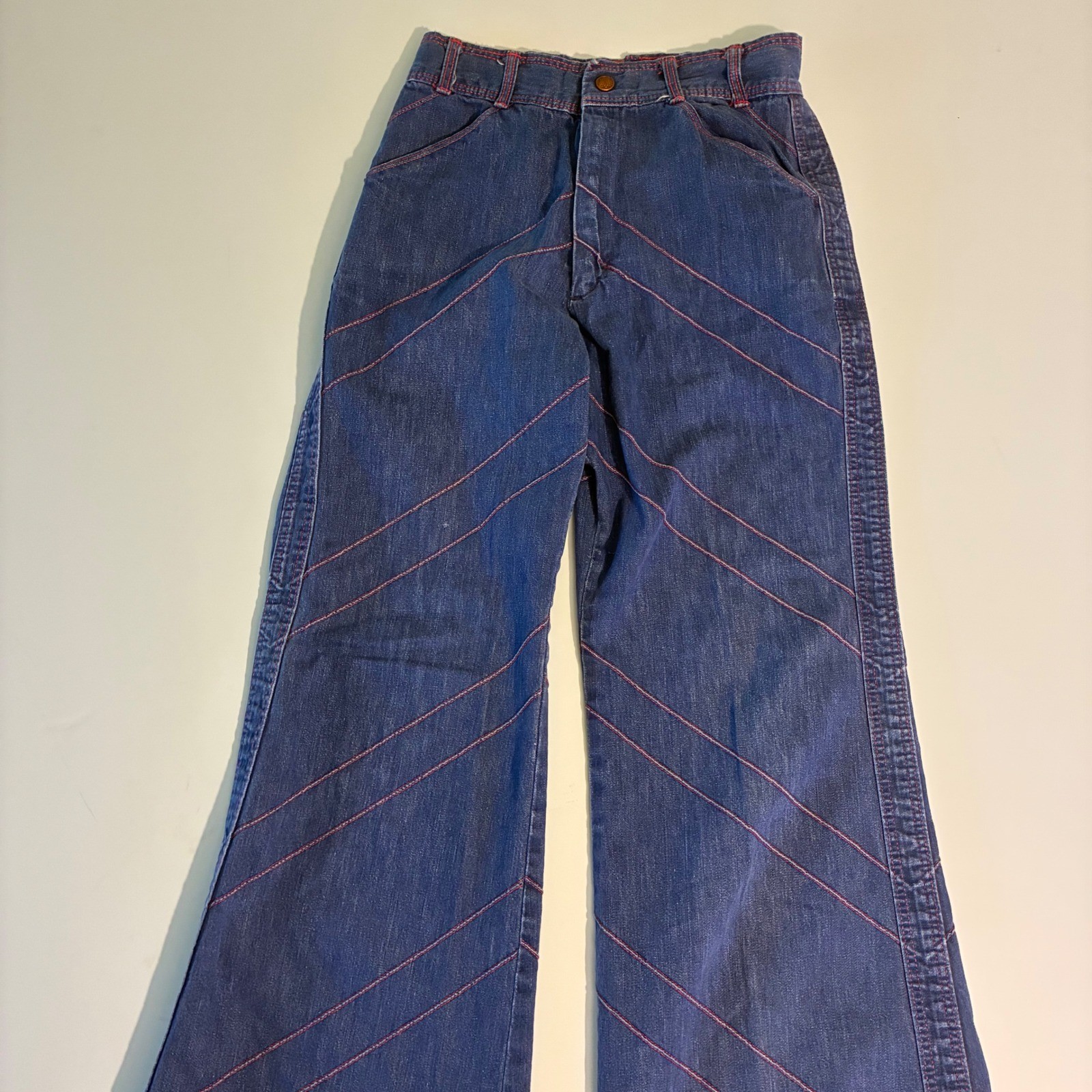 Vintage 70s High Waist Wide Leg Jeans Blue Denim Contrast Stitching USA