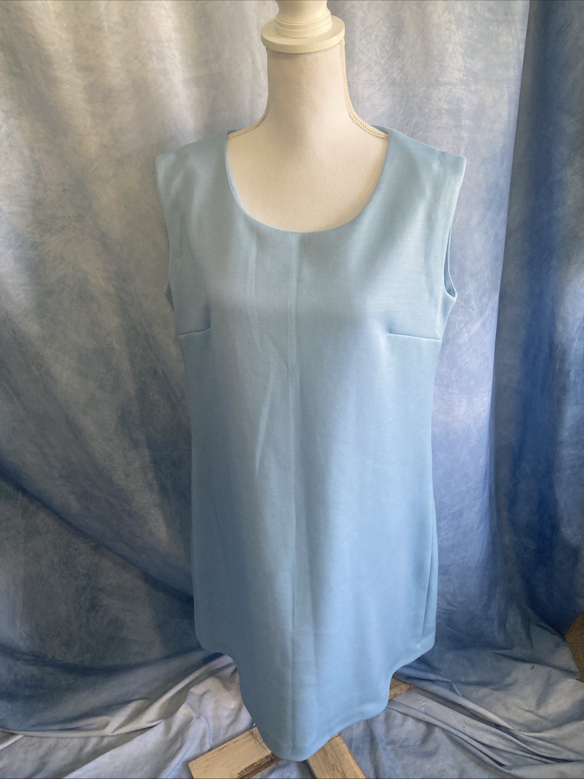 Vintage 60s Mod Shift Dress Blue Knit Polyester Plus Size XL Sleeveless Mini