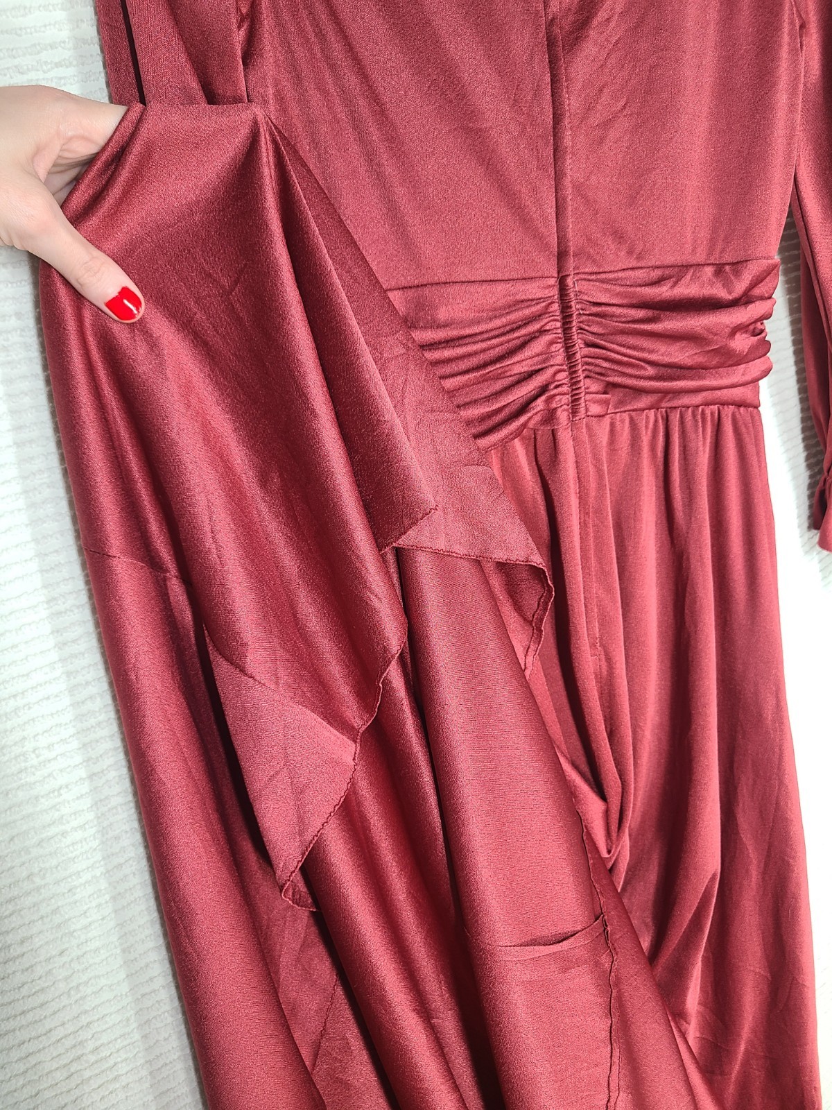 Vintage 1970s Long Dress 14 L Burgundy Liquid Knit Lace Mesh Bust Poly Union Tag