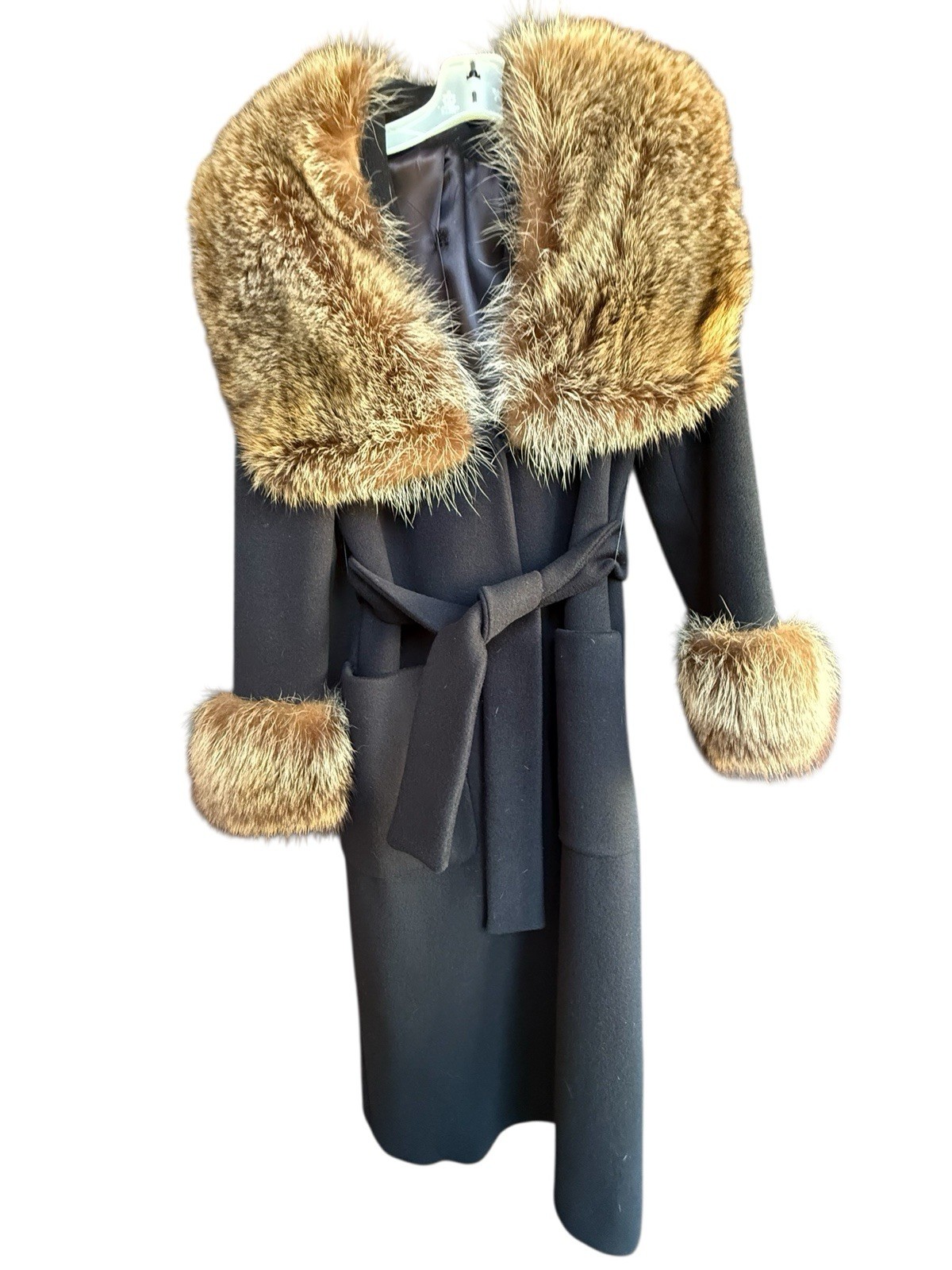 Absolutely Gorgeous Vintage black wool coat with Raccoon fur collar and wrists