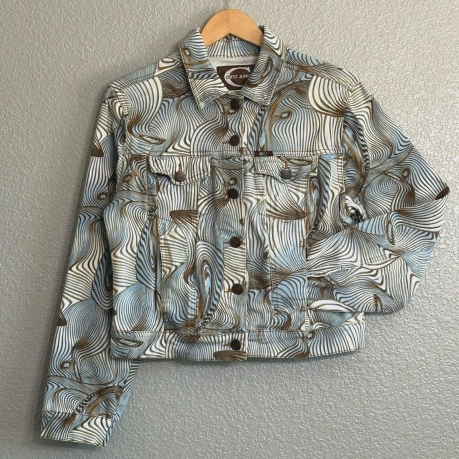 Vintage Abstract Swirl Print Jacket Crop Large Button Up Jean Trucker Funky Coat