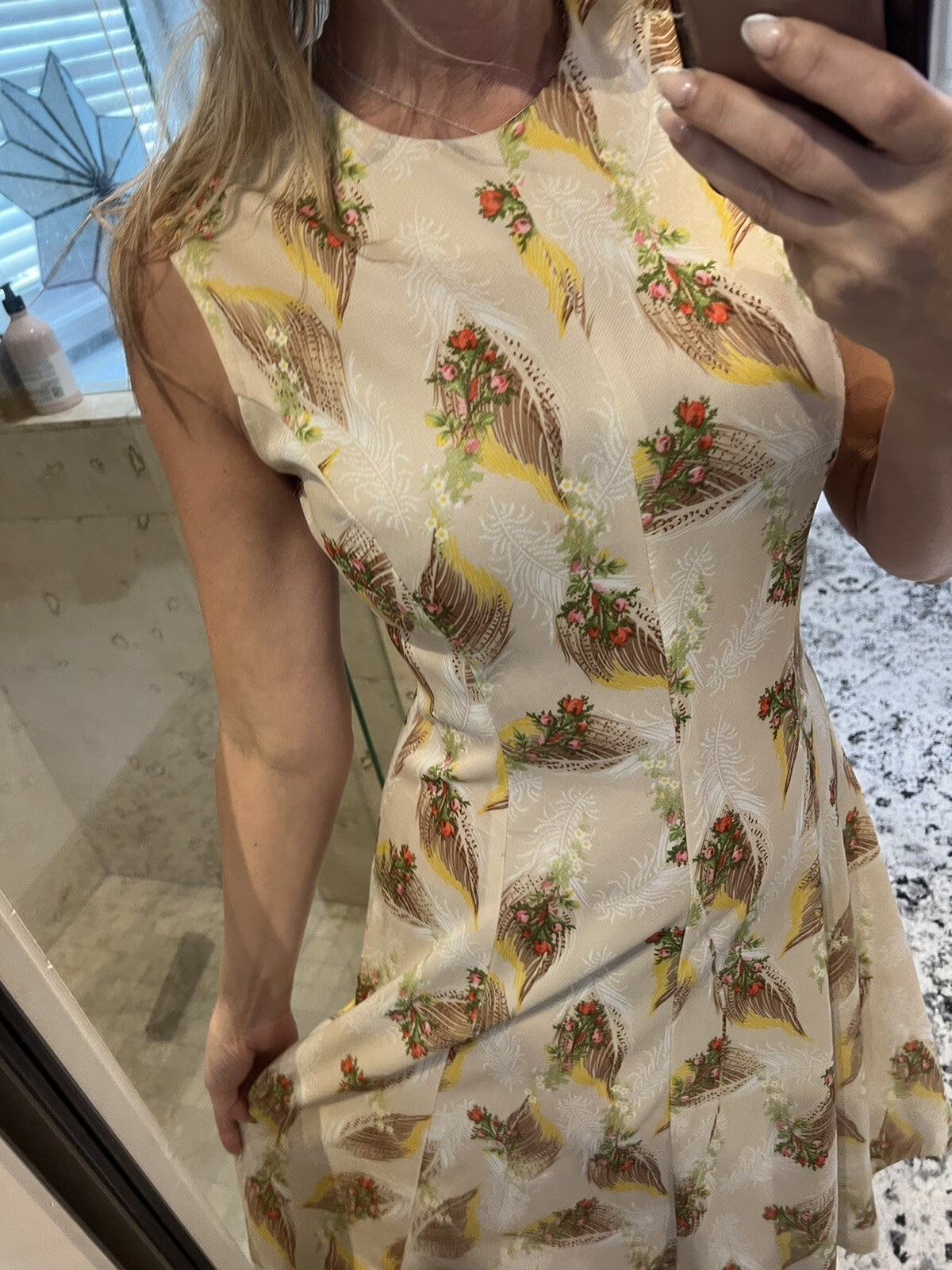 Vintage 70s Sears Tan Pink Floral Print Wheat Brown Midi Dress S M