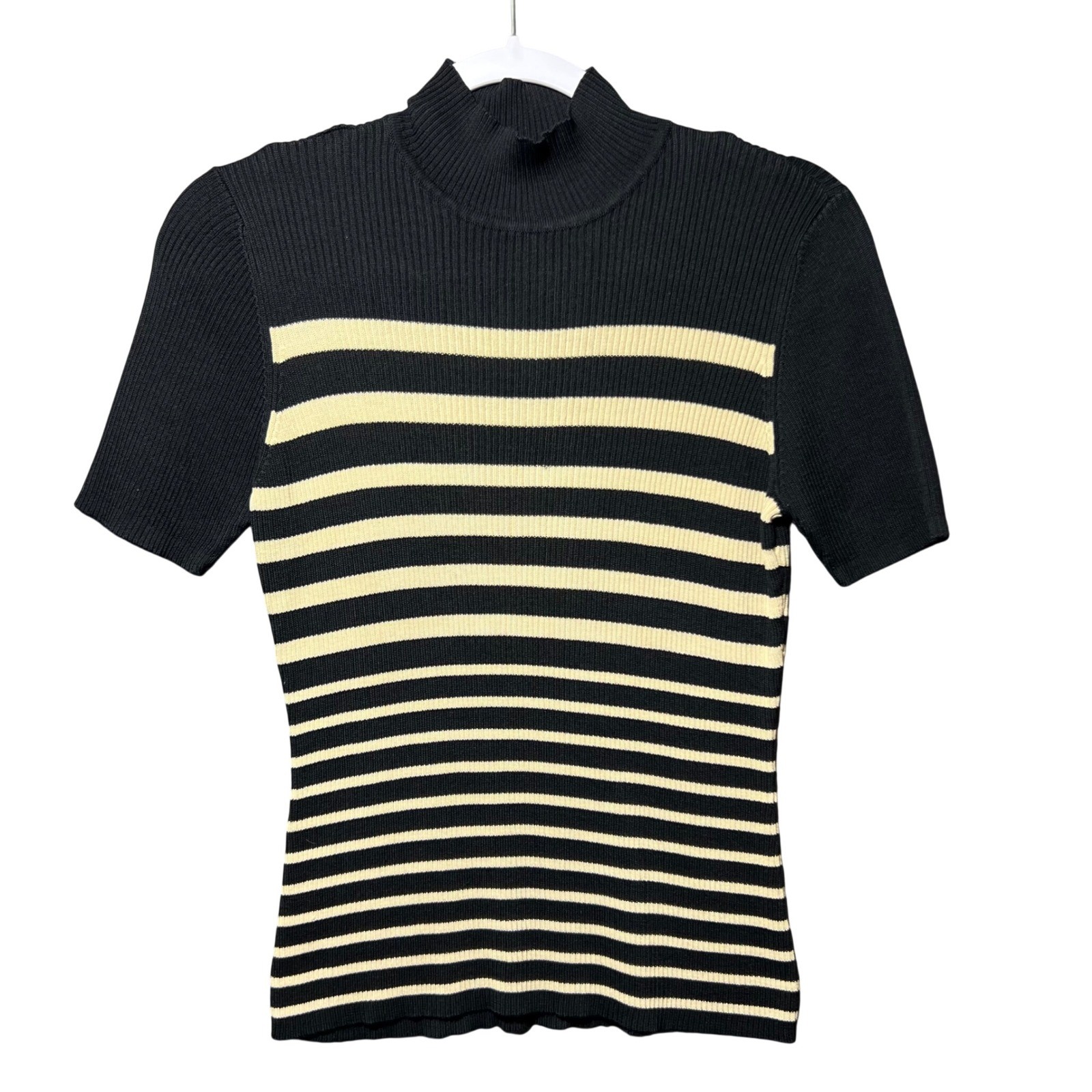 Silk Wool Striped Mock Neck Ribbed Knit Top 90s Vintage Fitted Preview M StretcH